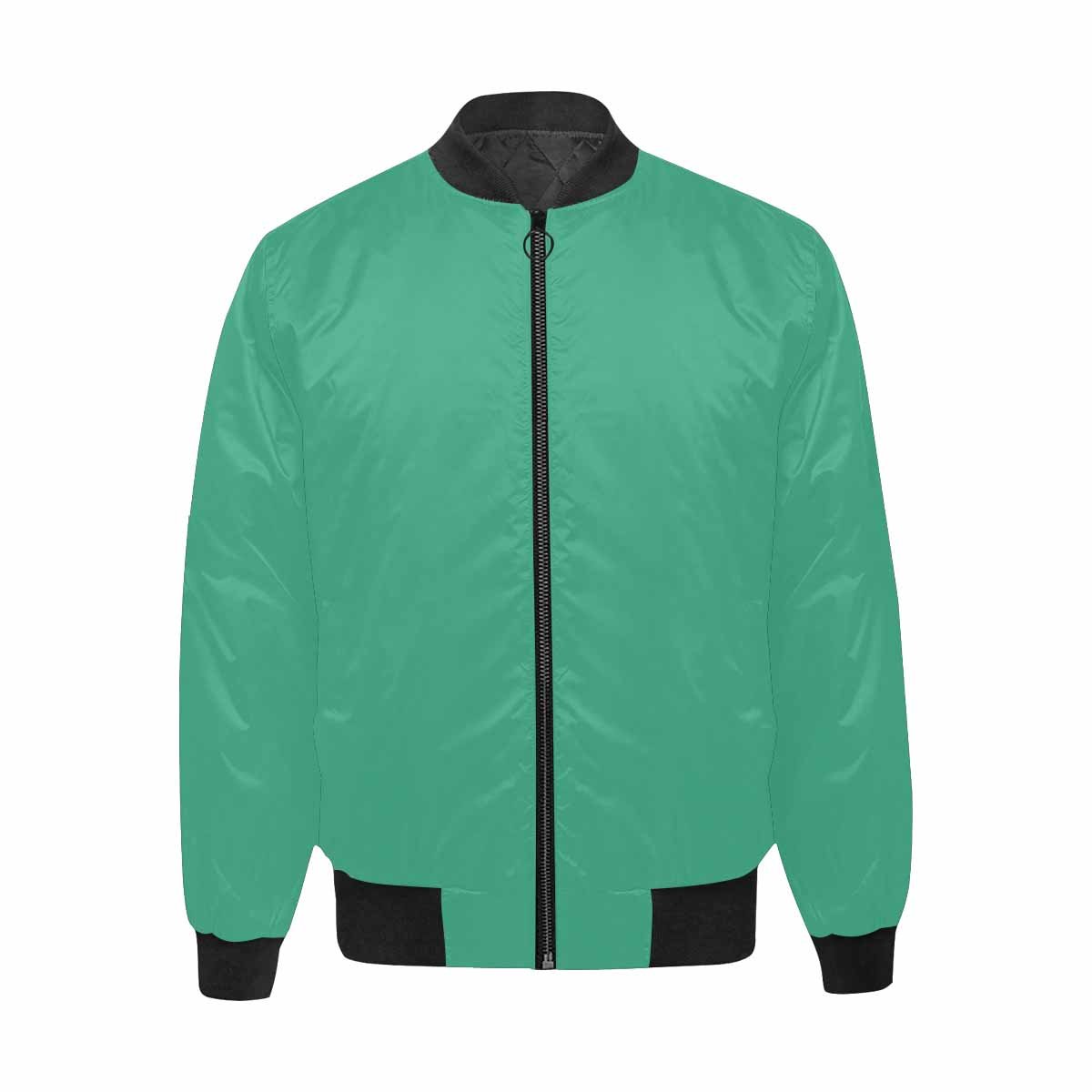 Mens Spearmint Green and Black Bomber Jacket with quilted lining and zipper closure, featuring personalized all-over print and pouch pockets.