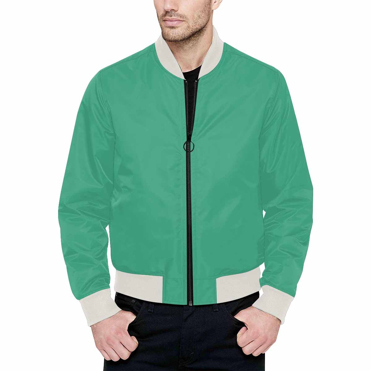 Mens Spearmint Green Bomber Jacket with quilted lining and zipper closure, featuring personalized all-over print and pouch pockets.