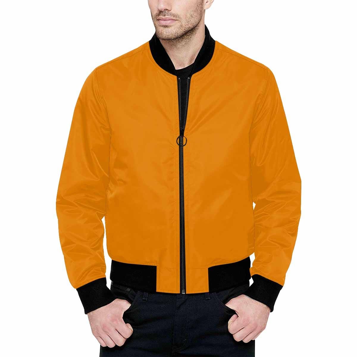 Men's Tangerine Orange and Black Bomber Jacket featuring a quilted lining and personalized print design.