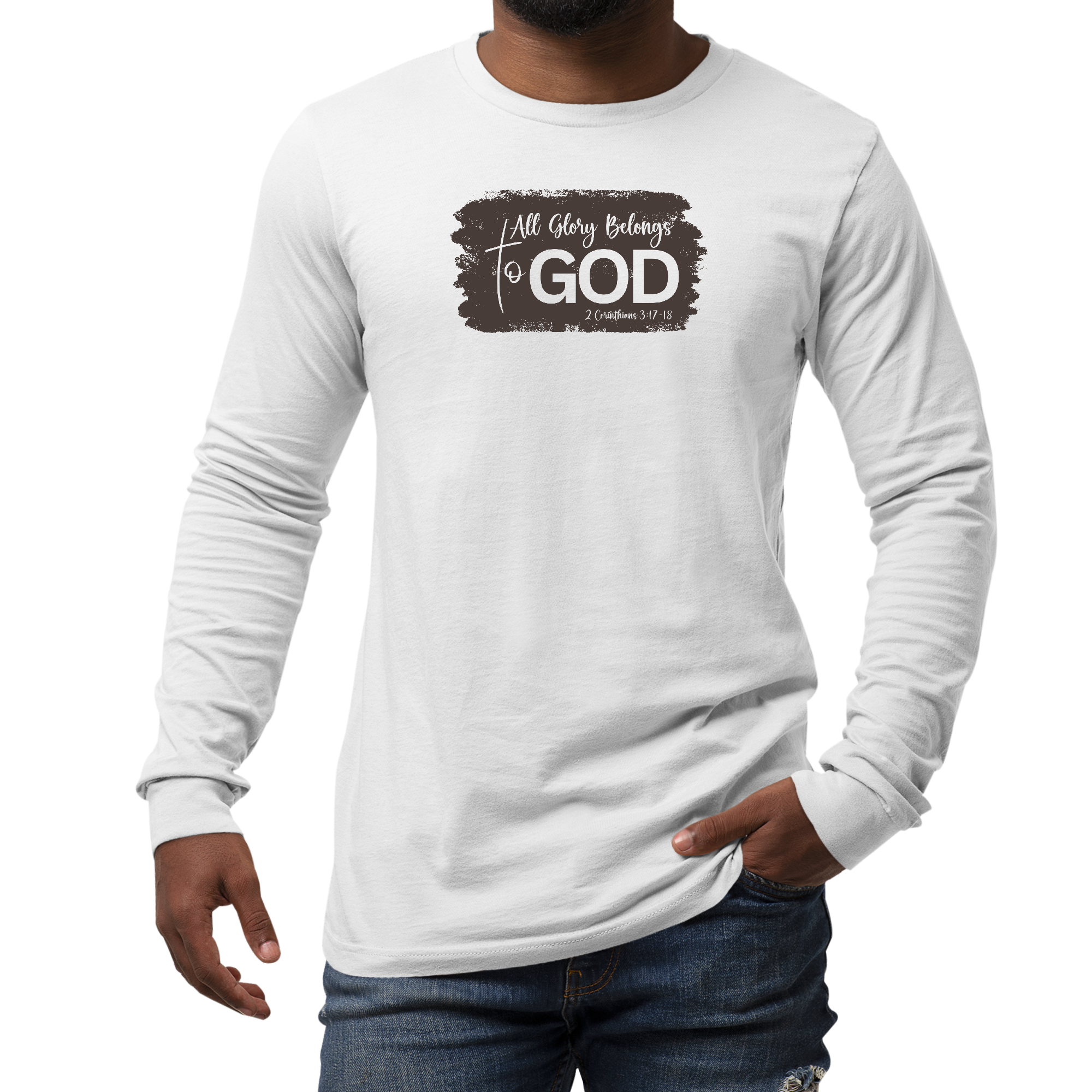 Men's long sleeve graphic t-shirt in brown featuring 'All Glory Belongs to God' illustration, made from soft cotton fabric.