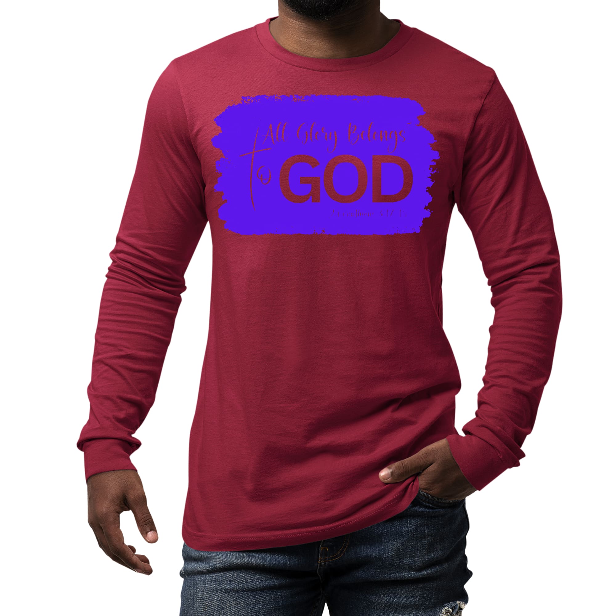 Men's long sleeve graphic t-shirt in purple featuring 'All Glory Belongs to God' design, showcasing a stylish and comfortable fit.