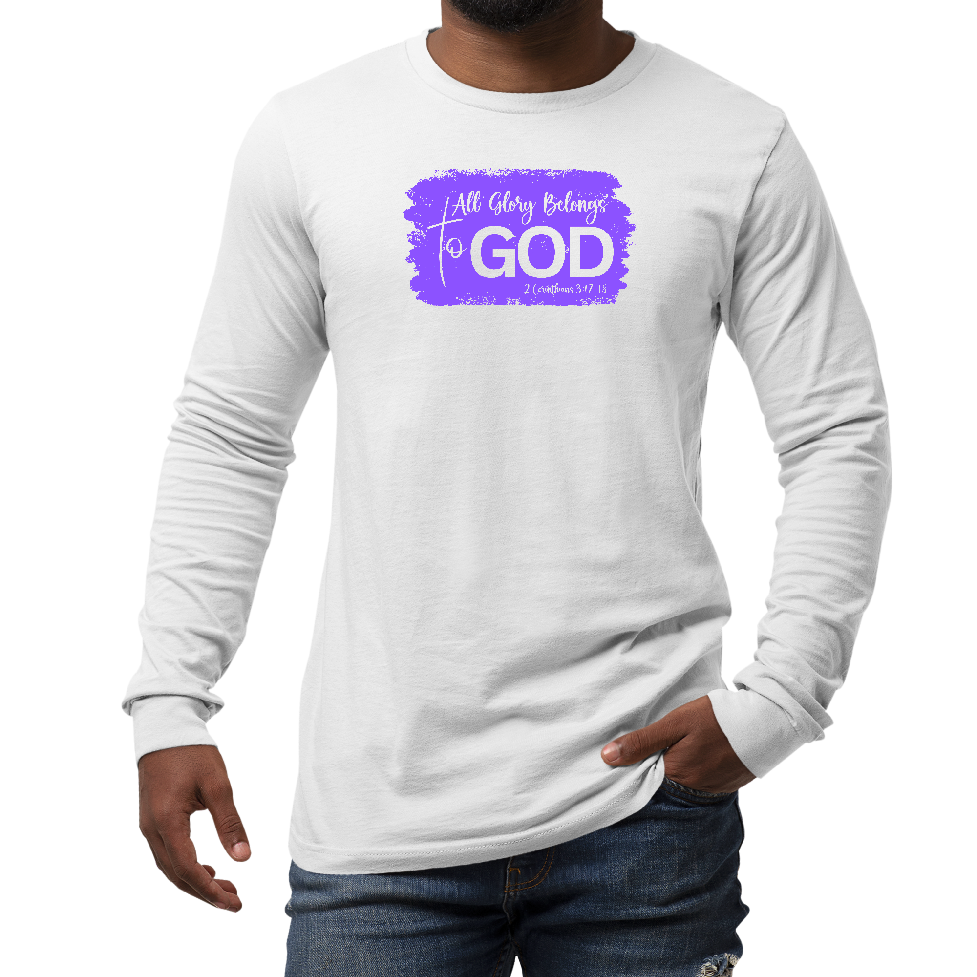 Men's Long Sleeve Graphic T-shirt in Lavender featuring 'All Glory Belongs to God' design, showcasing a stylish and comfortable fit.