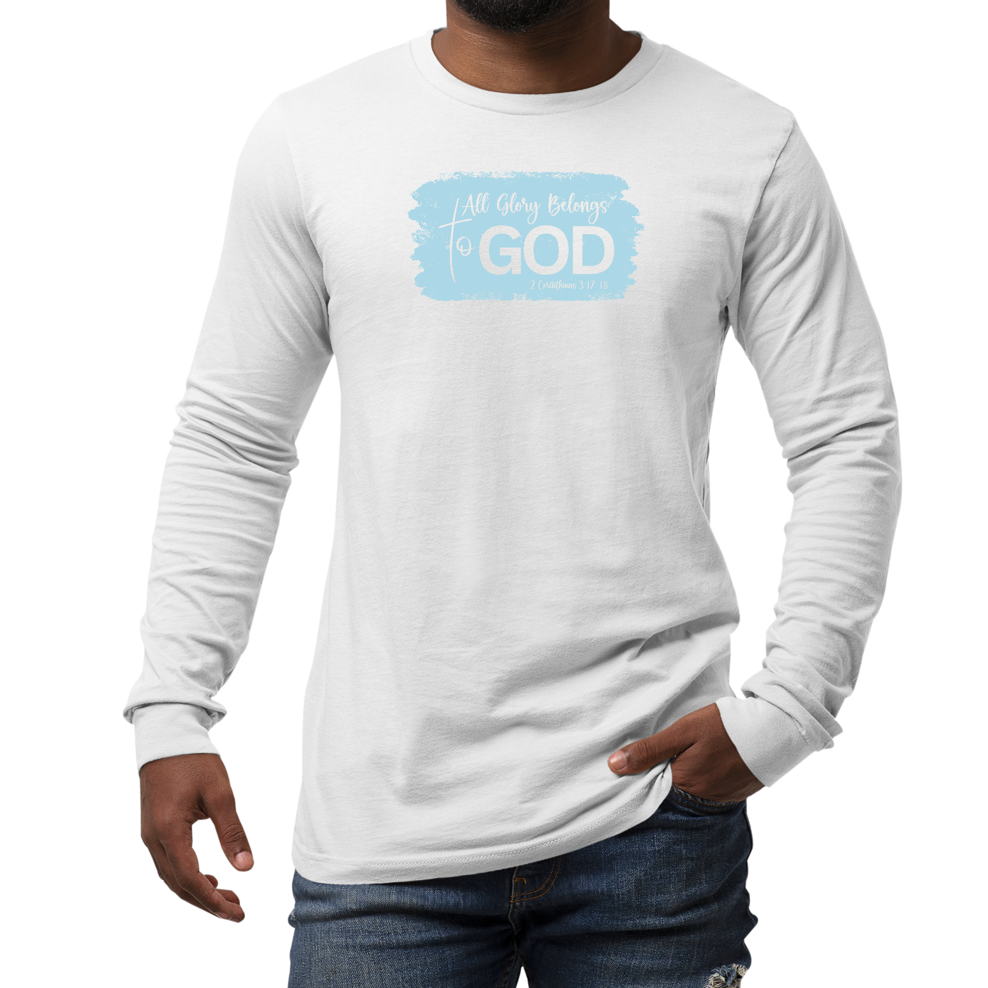 Men's long sleeve graphic t-shirt in light blue featuring 'All Glory Belongs to God' illustration, made from soft cotton fabric.