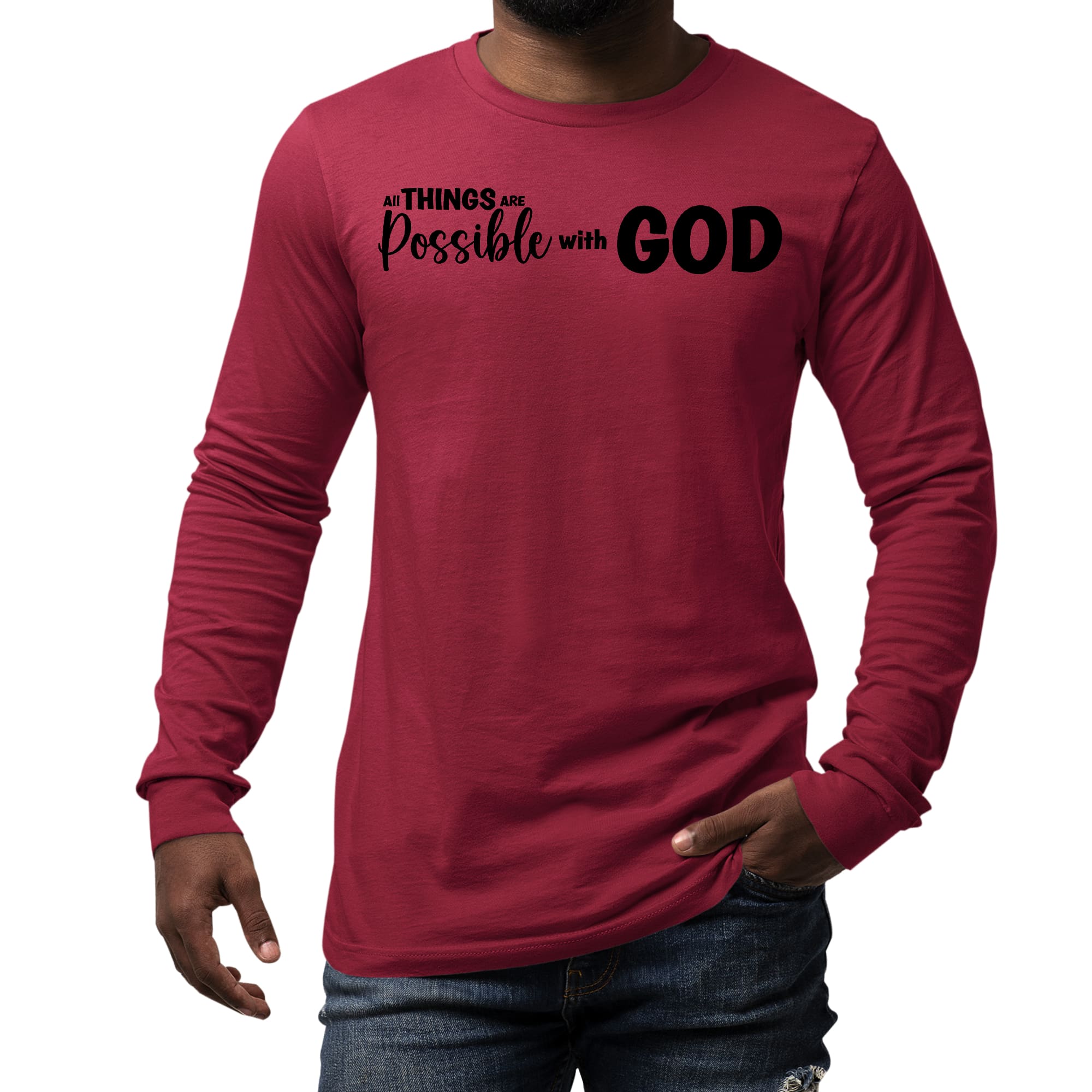 Men's Long Sleeve Graphic T-shirt in black featuring 'All Things Are Possible With God' printed design, made from soft preshrunk cotton.