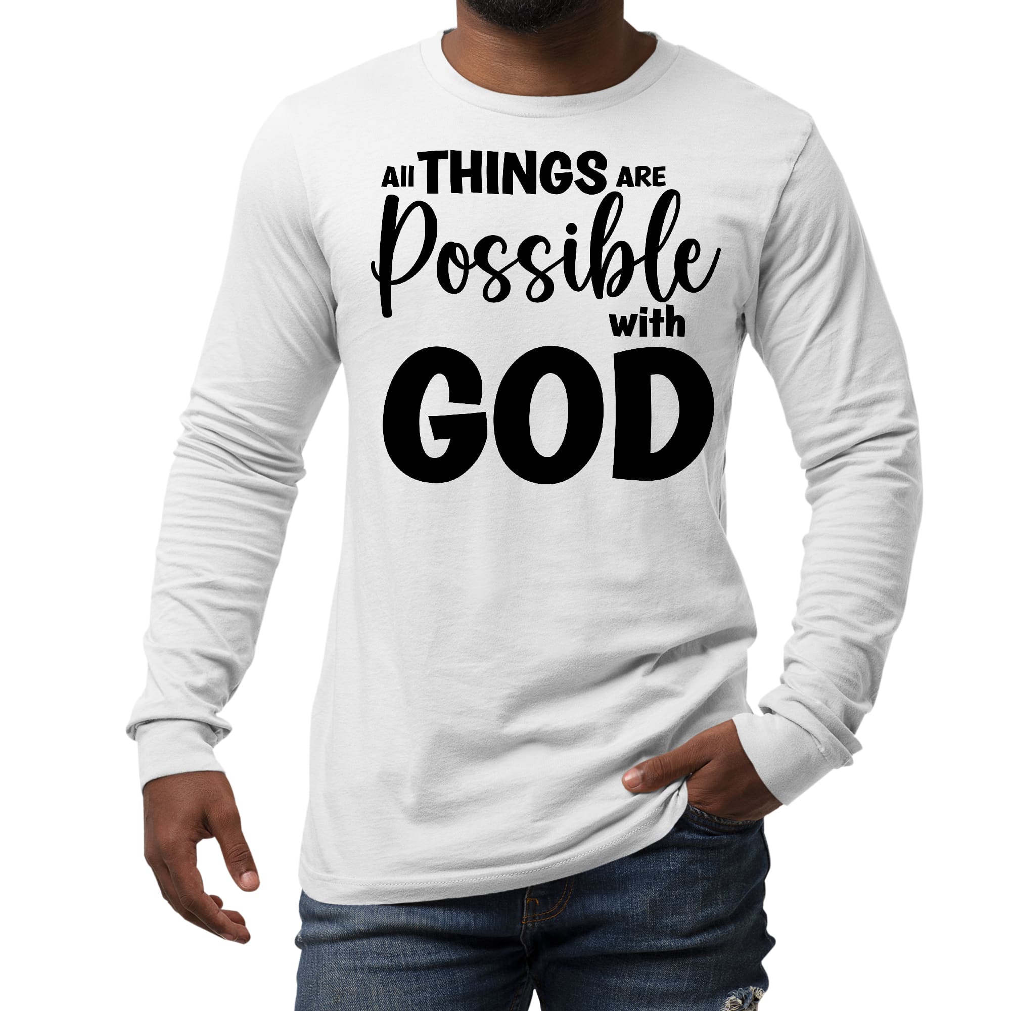 Men's Long Sleeve Graphic T-shirt in black featuring the text 'All Things Are Possible With God', made from soft preshrunk cotton.