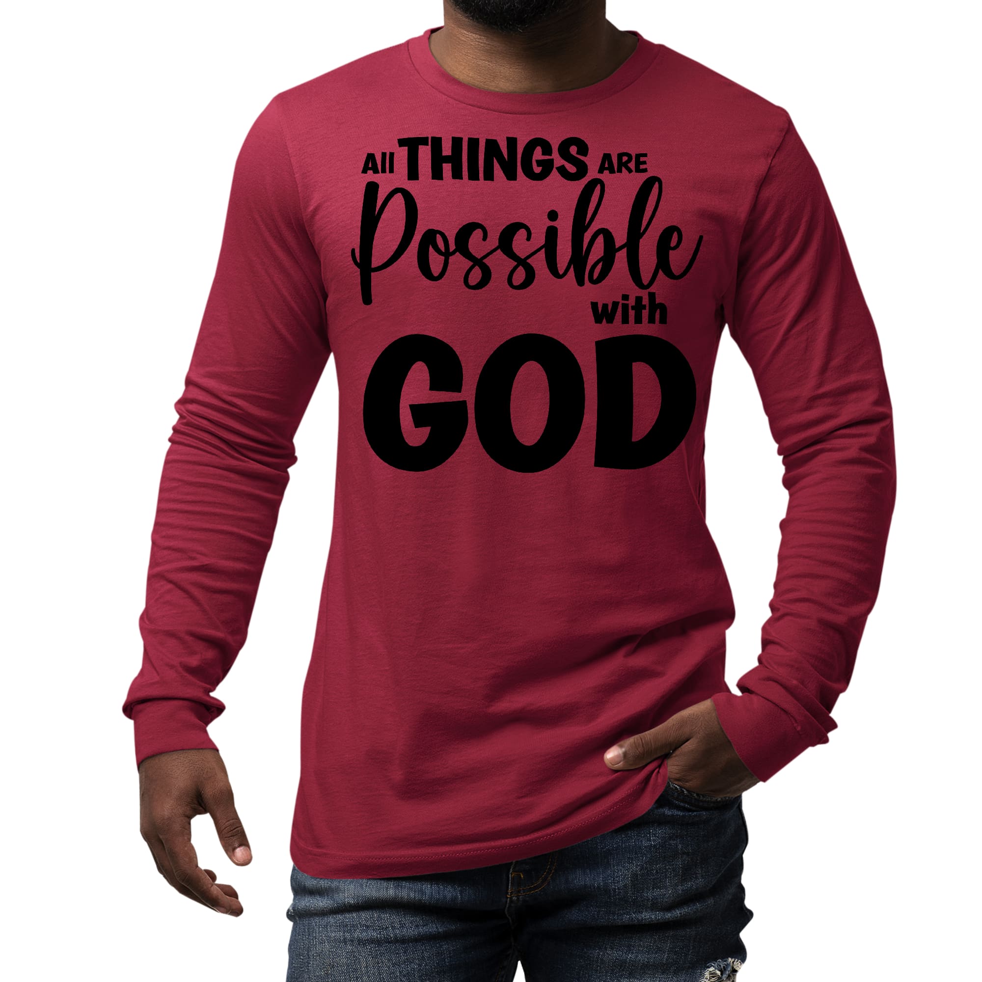 Men's Long Sleeve Graphic T-shirt in black featuring the text 'All Things Are Possible With God', made from soft preshrunk cotton.