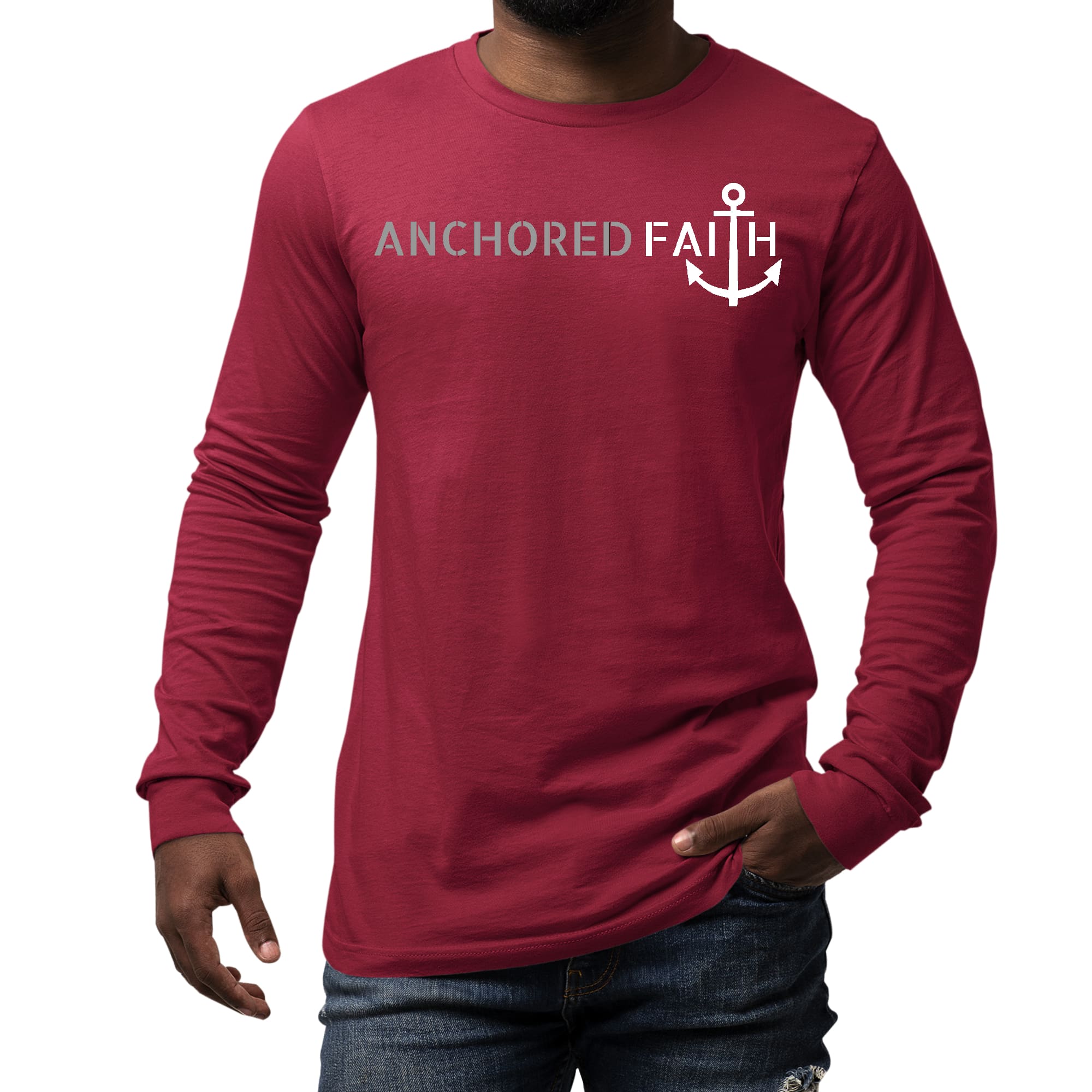 Men's long sleeve graphic t-shirt in grey and white featuring an Anchored Faith print, showcasing a comfortable and stylish design.