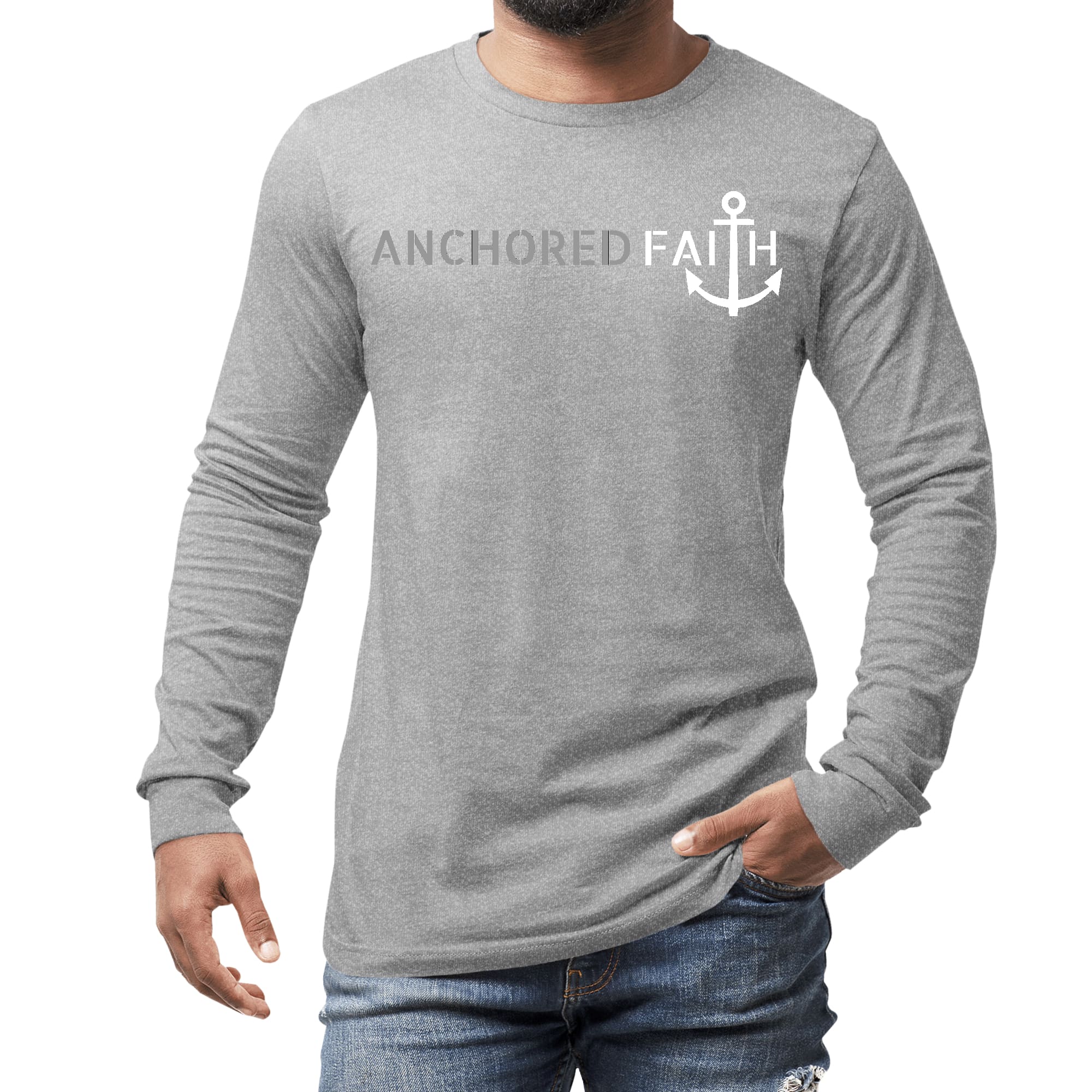 Men's long sleeve graphic t-shirt in grey and white featuring an Anchored Faith print, showcasing a comfortable and stylish design.