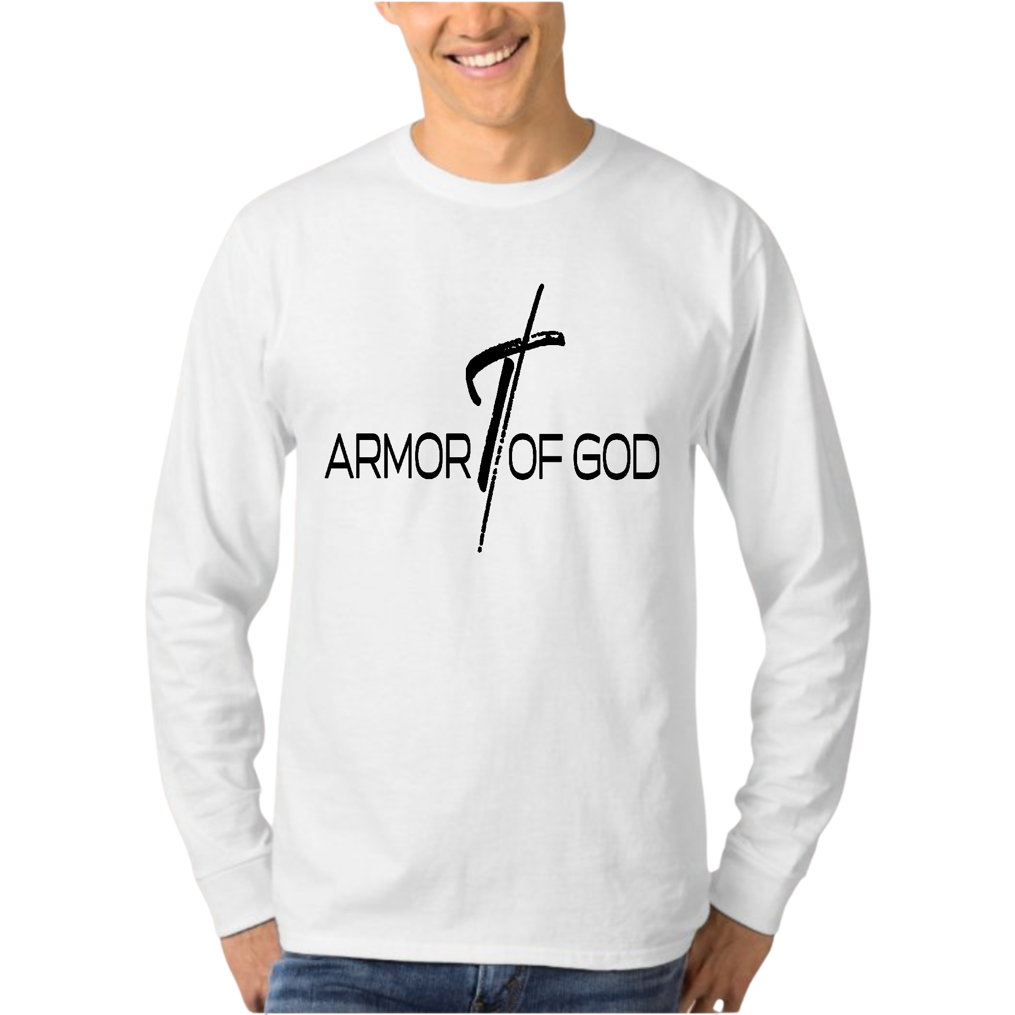 Men's long sleeve graphic T-shirt featuring Armor of God illustration in black, made from soft preshrunk cotton.
