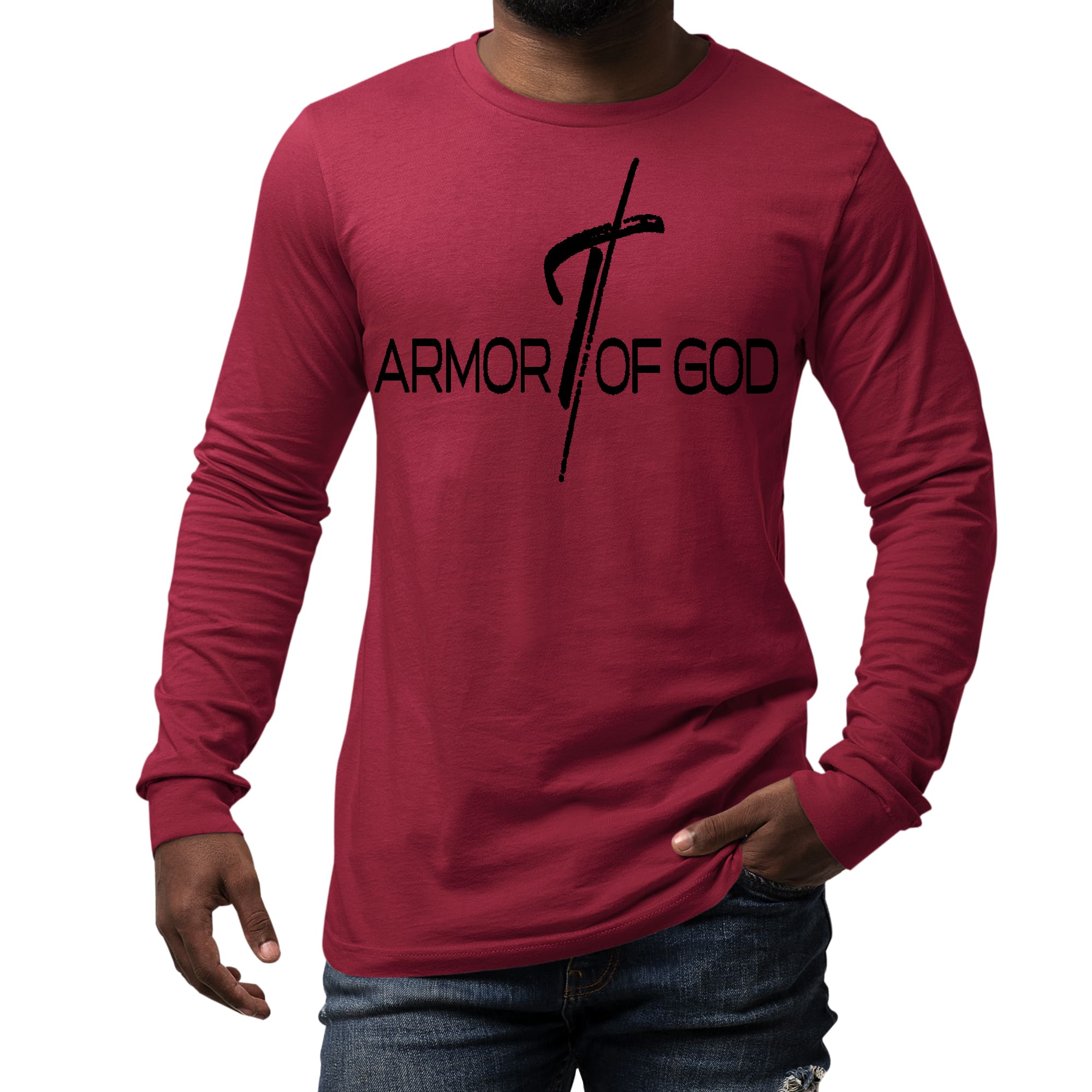 Men's long sleeve graphic T-shirt featuring Armor of God illustration in black, made from soft preshrunk cotton.
