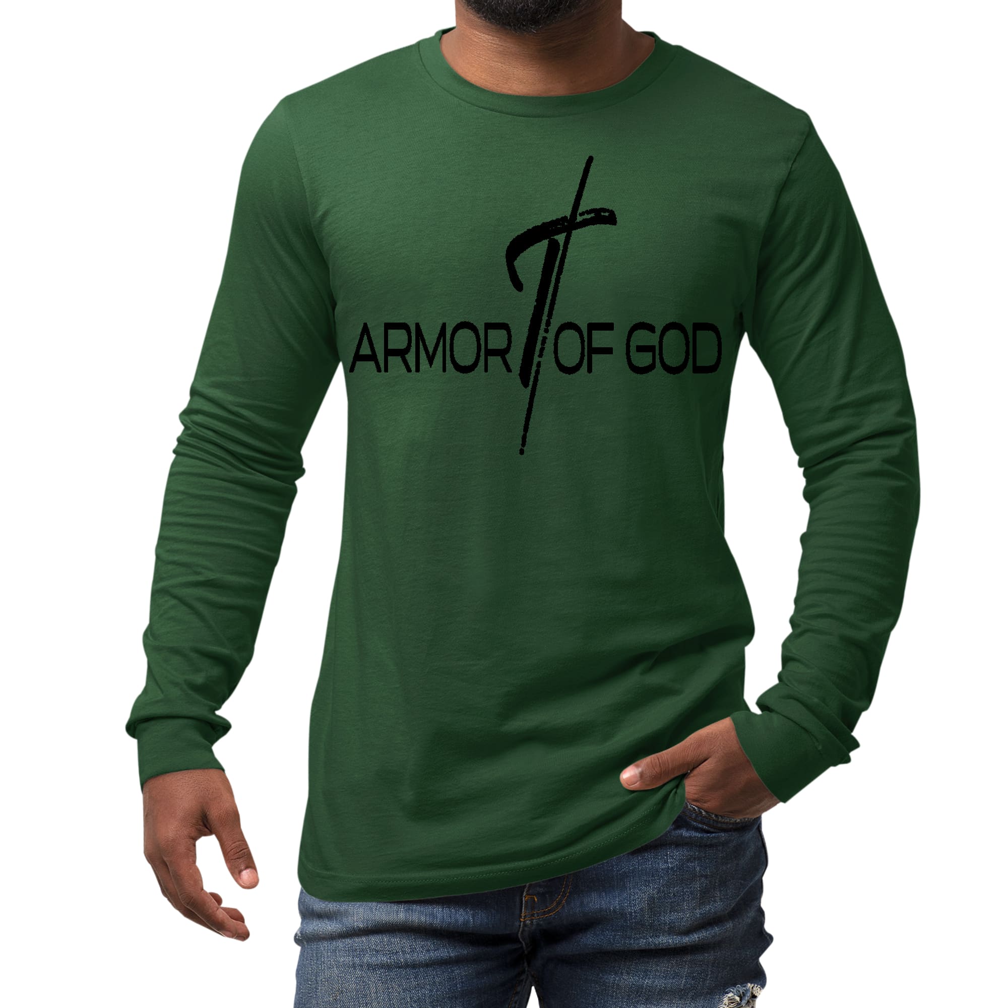 Men's long sleeve graphic T-shirt featuring Armor of God illustration in black, made from soft preshrunk cotton.