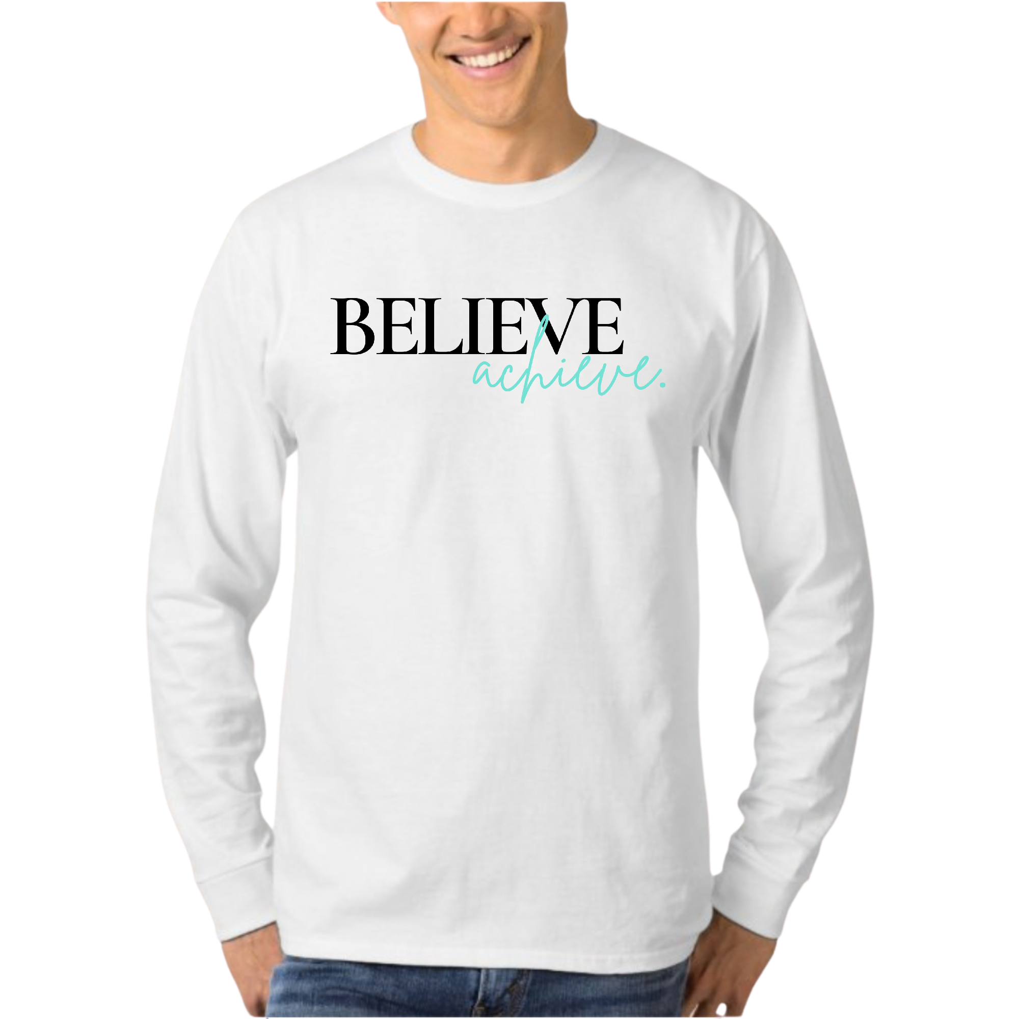 Men's Long Sleeve Graphic T-shirt in black with 'Believe and Achieve' print, showcasing a comfortable fit and quality fabric.