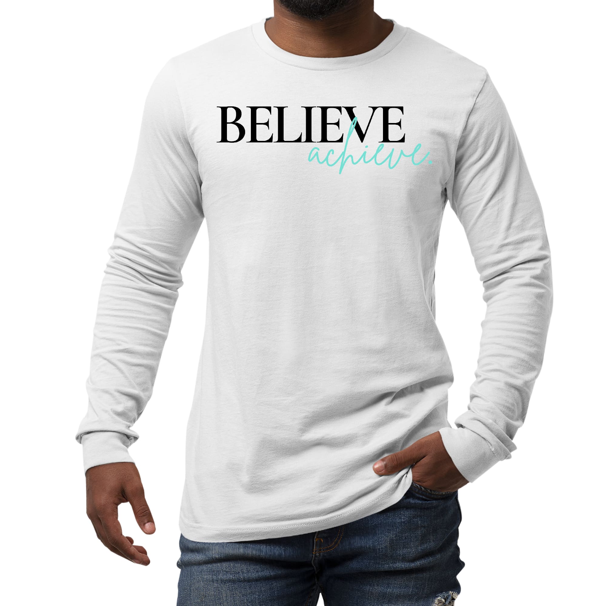 Men's Long Sleeve Graphic T-shirt in black with 'Believe and Achieve' print, showcasing a comfortable fit and quality fabric.