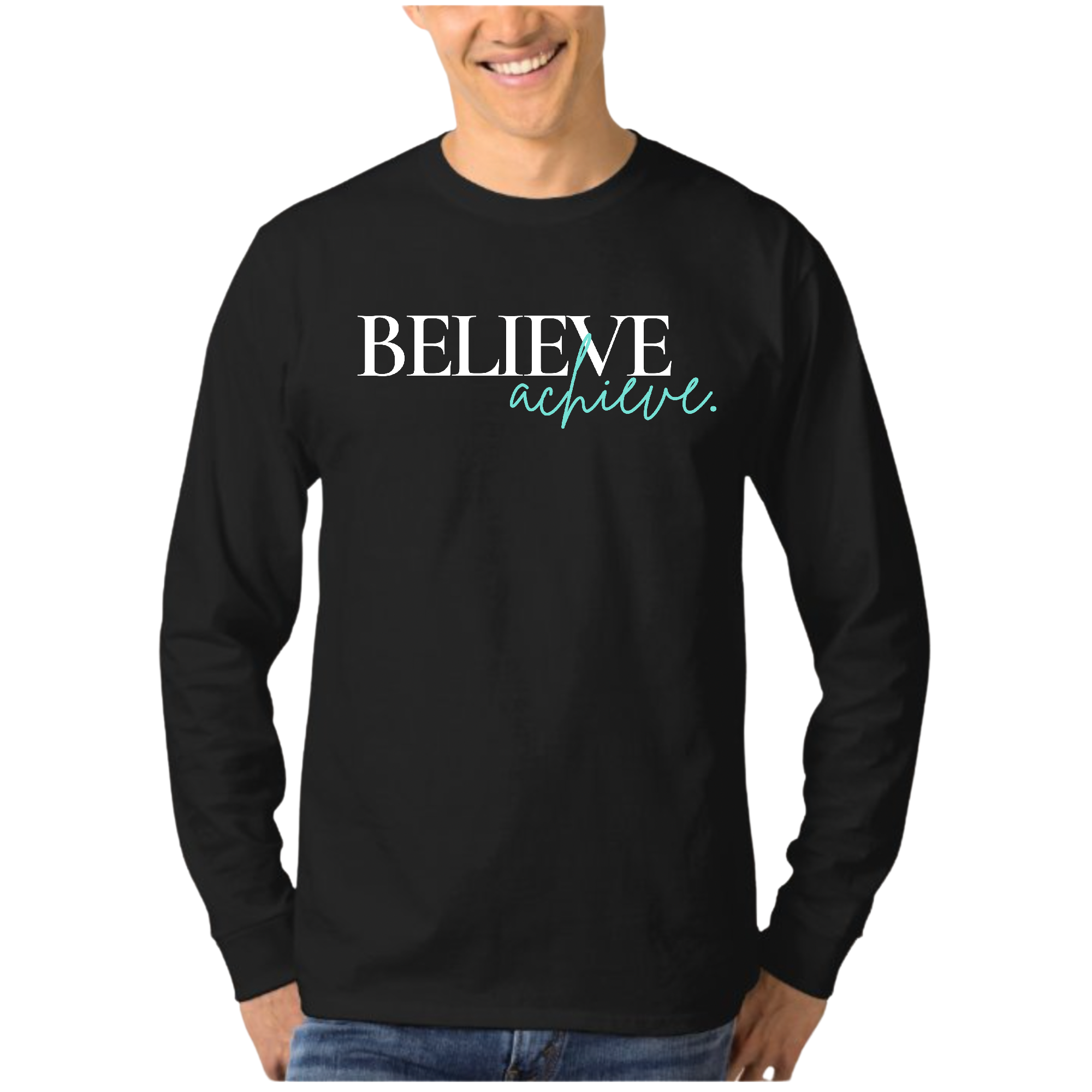 Men's Long Sleeve Graphic T-shirt featuring 'Believe and Achieve' motivational print, made from soft preshrunk cotton.
