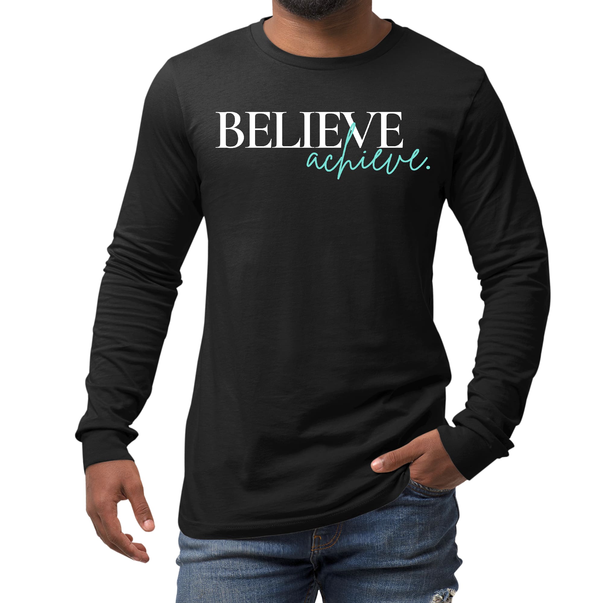 Men's Long Sleeve Graphic T-shirt featuring 'Believe and Achieve' motivational print, made from soft preshrunk cotton.