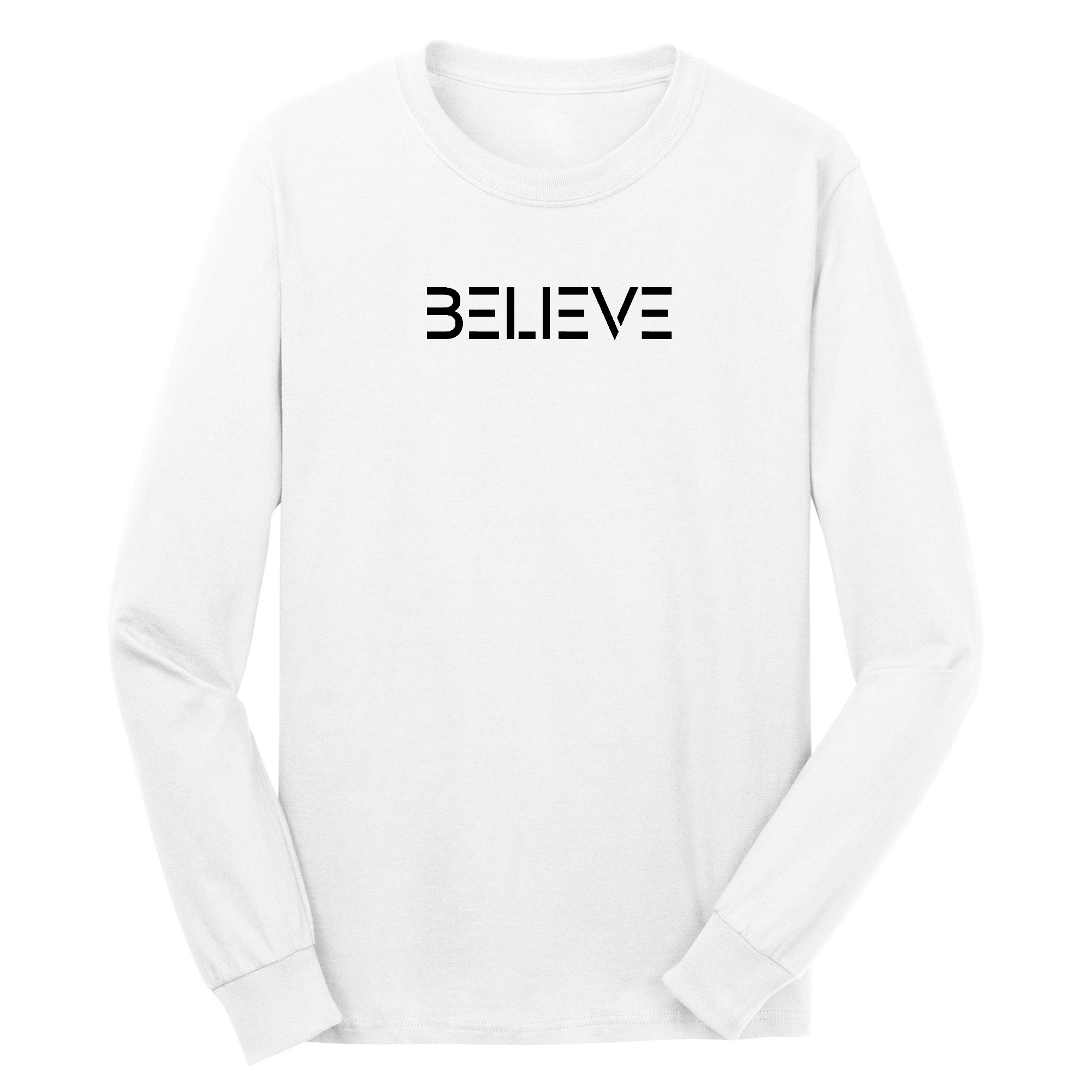 Men's long sleeve graphic t-shirt in black with 'Believe' print, showcasing a comfortable fit and stylish design.