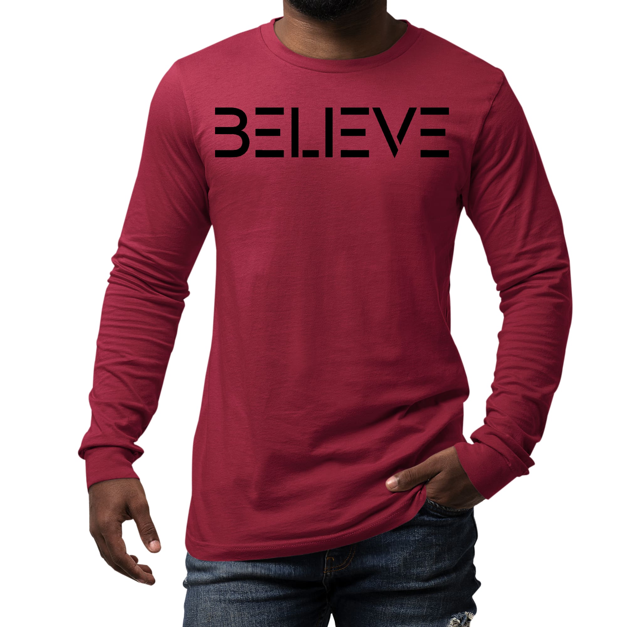 Men's long sleeve graphic t-shirt in black with 'Believe' print, showcasing a comfortable fit and stylish design.