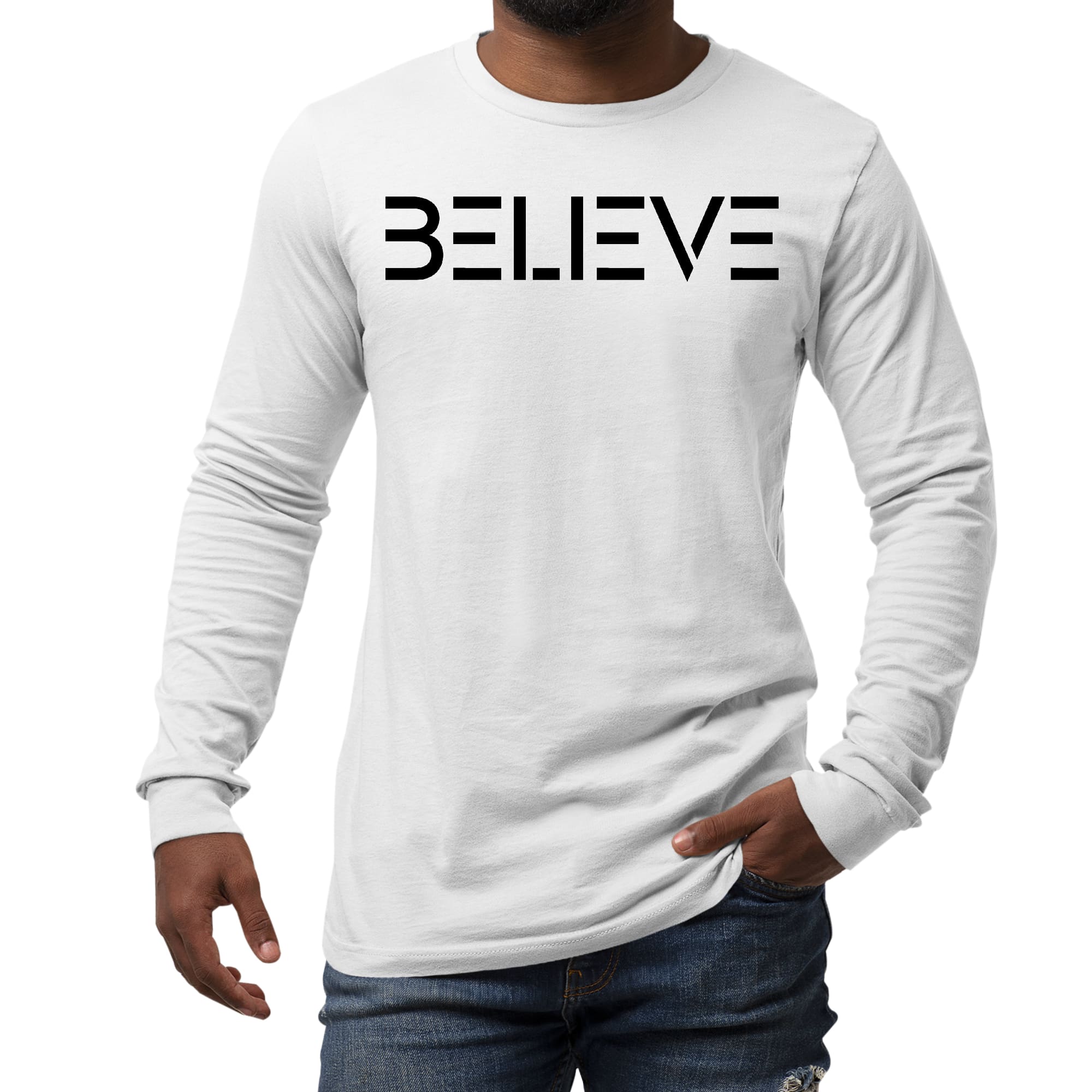 Men's long sleeve graphic t-shirt in black with 'Believe' print, showcasing a comfortable fit and stylish design.