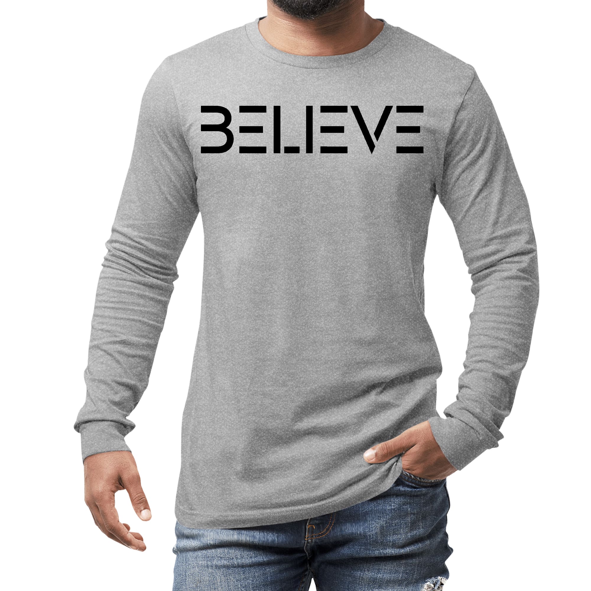 Men's long sleeve graphic t-shirt in black with 'Believe' print, showcasing a comfortable fit and stylish design.