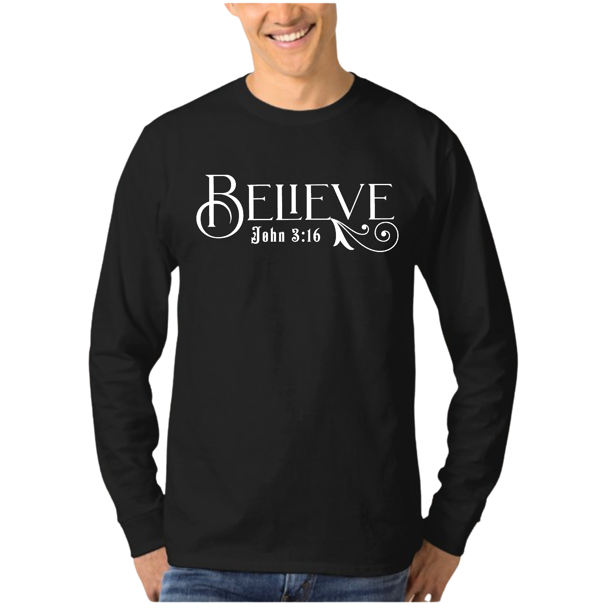 Men's long sleeve graphic T-shirt featuring the Believe John 3:16 scripture print, made from soft preshrunk cotton.