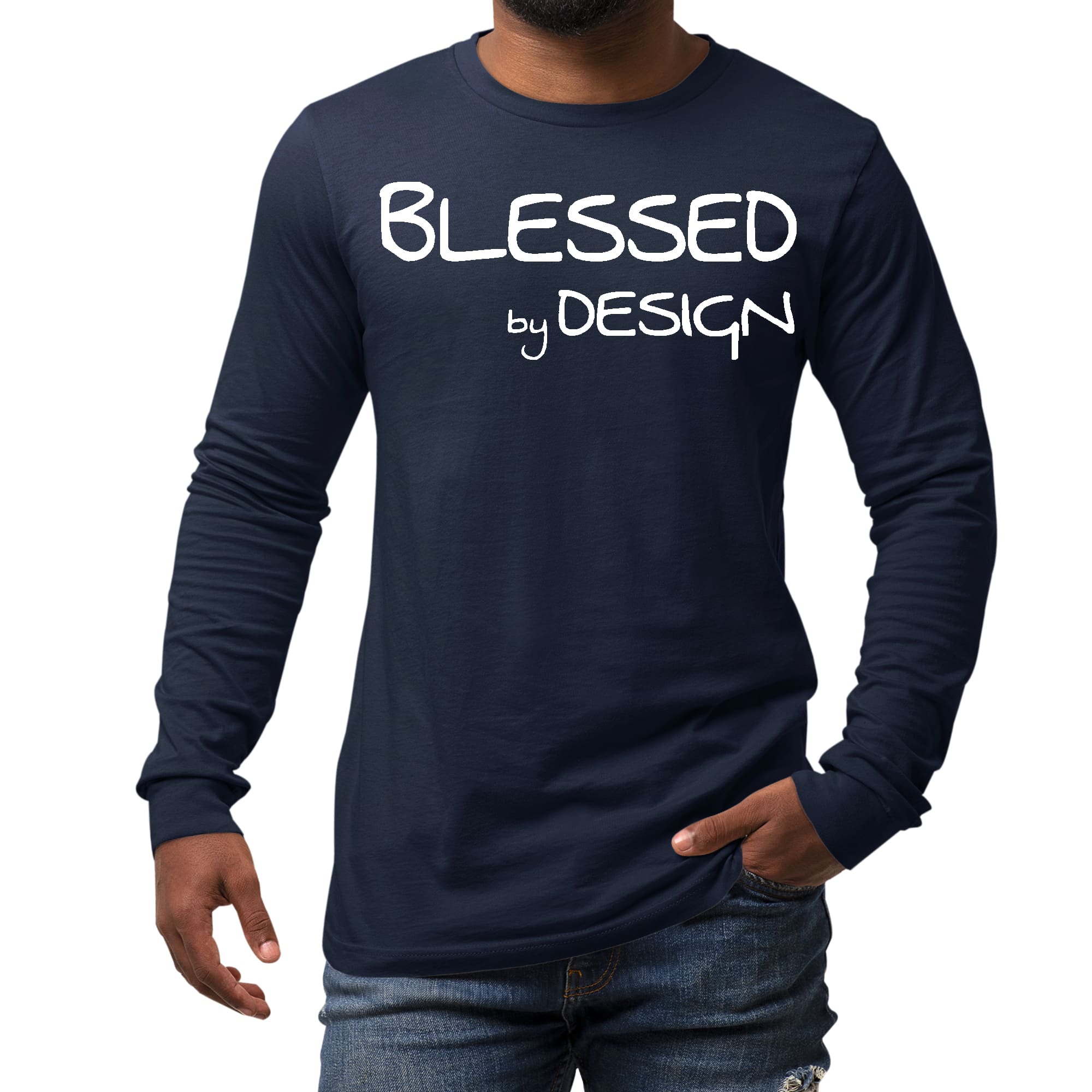 Men's long sleeve graphic t-shirt featuring the inspirational phrase 'Blessed by Design' in a stylish print.