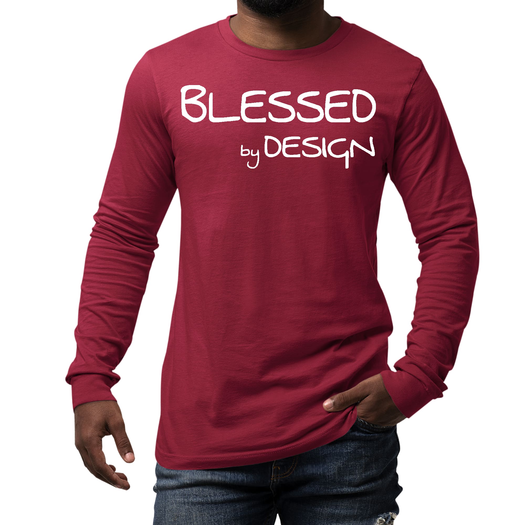 Men's long sleeve graphic t-shirt featuring the inspirational phrase 'Blessed by Design' in a stylish print.
