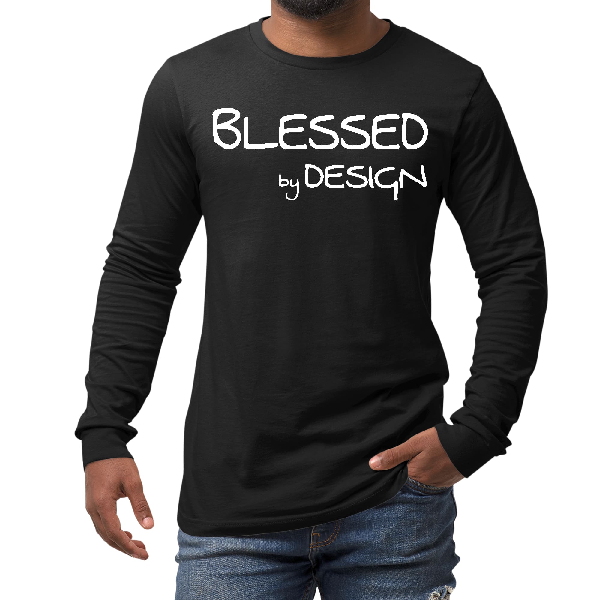 Men's long sleeve graphic t-shirt featuring the inspirational phrase 'Blessed by Design' in a stylish print.