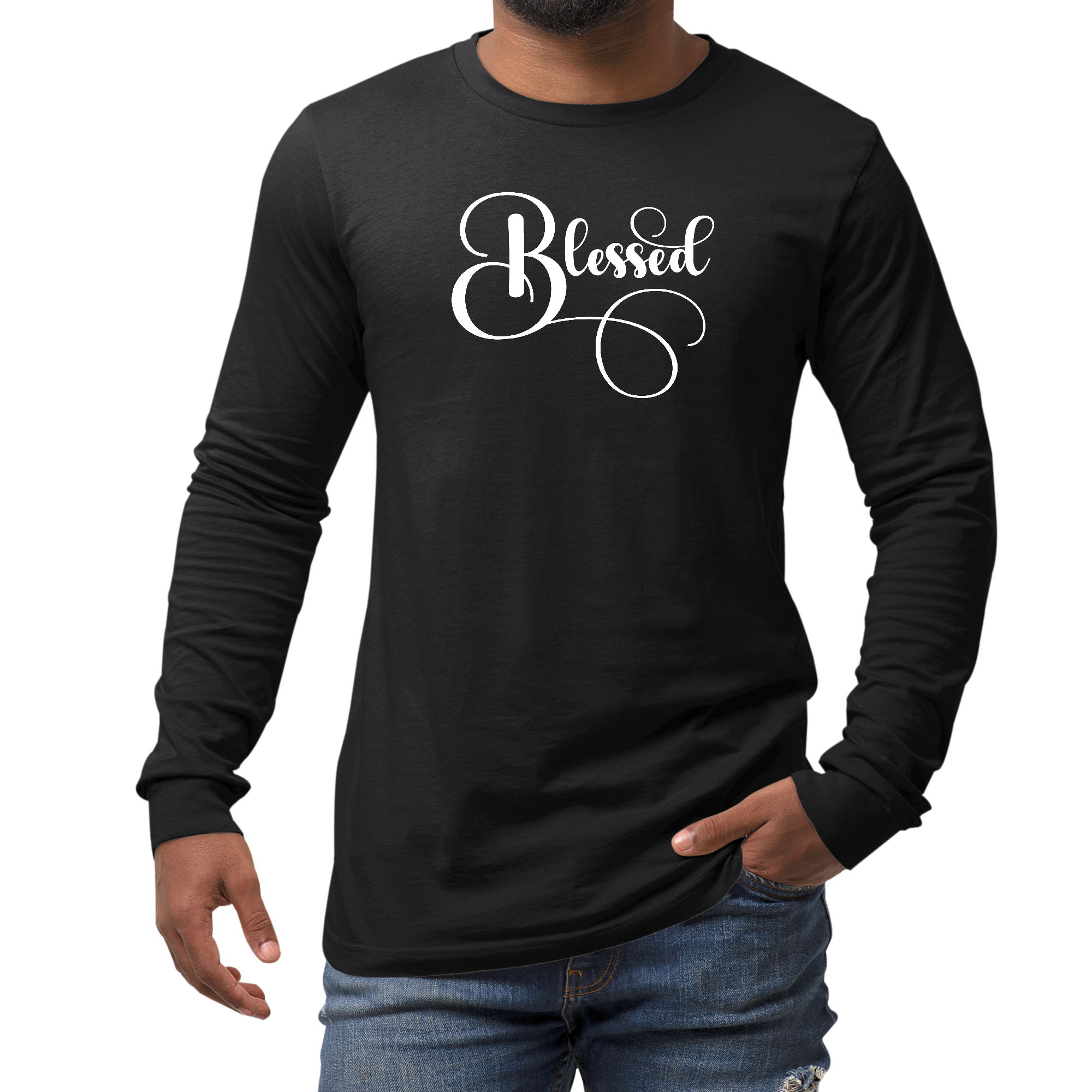 Men's long sleeve graphic t-shirt featuring a Blessed graphic illustration in vibrant colors, perfect for casual wear.