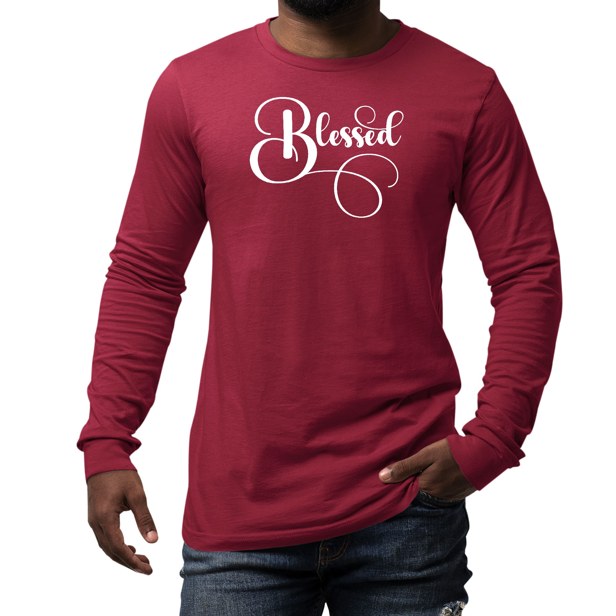 Men's long sleeve graphic t-shirt featuring a Blessed graphic illustration in vibrant colors, perfect for casual wear.