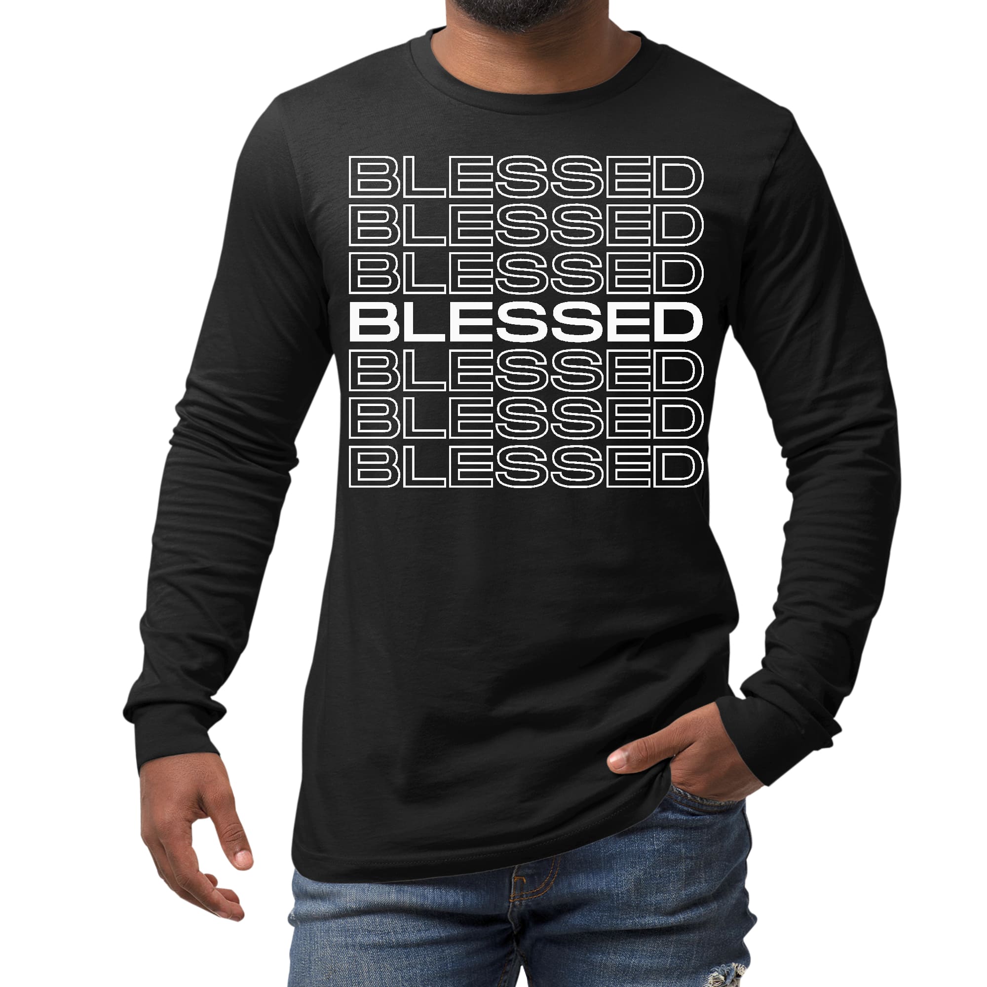 Men's Long Sleeve Graphic T-shirt featuring a Blessed Stacked Print, made from soft preshrunk cotton with a classic fit.