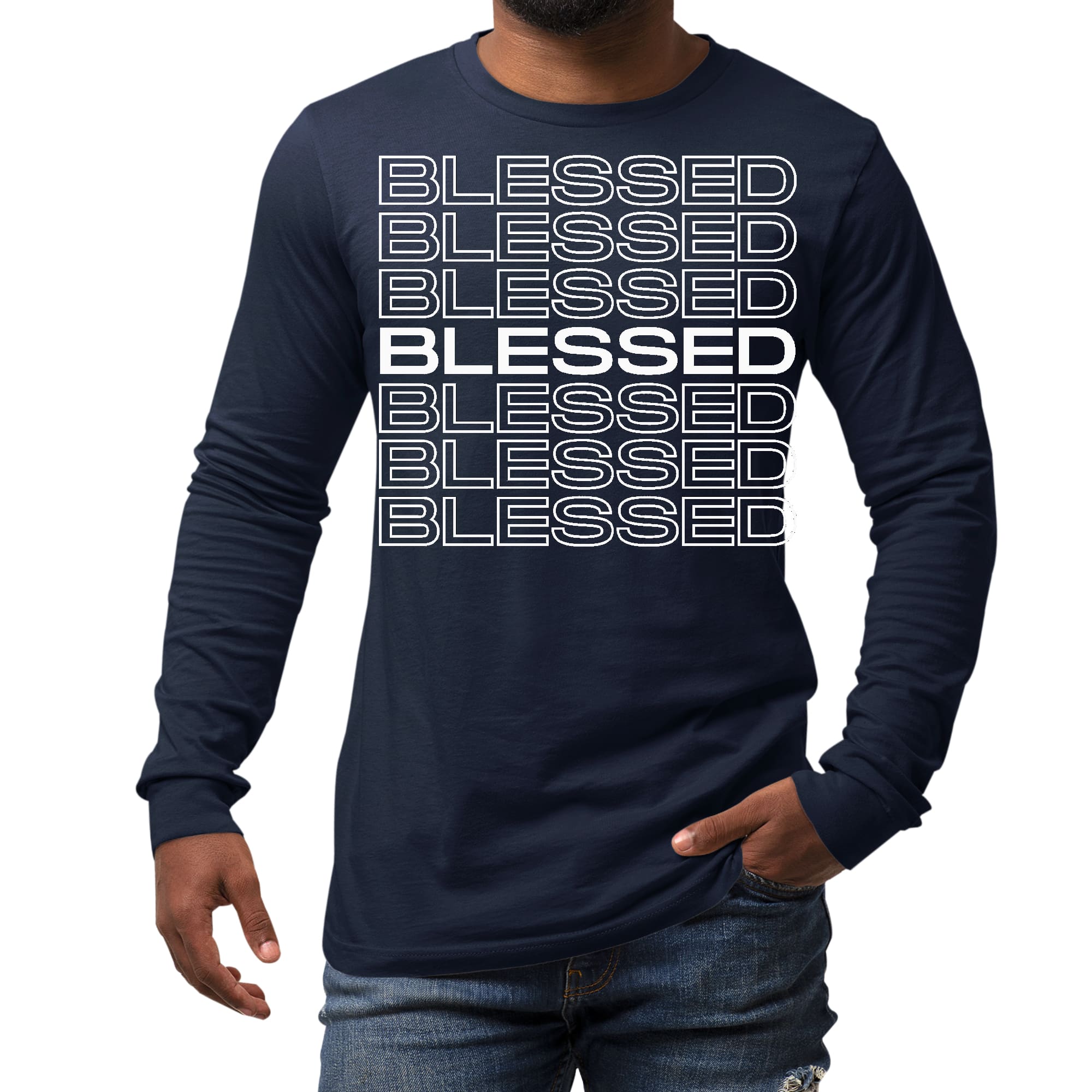 Men's Long Sleeve Graphic T-shirt featuring a Blessed Stacked Print, made from soft preshrunk cotton with a classic fit.