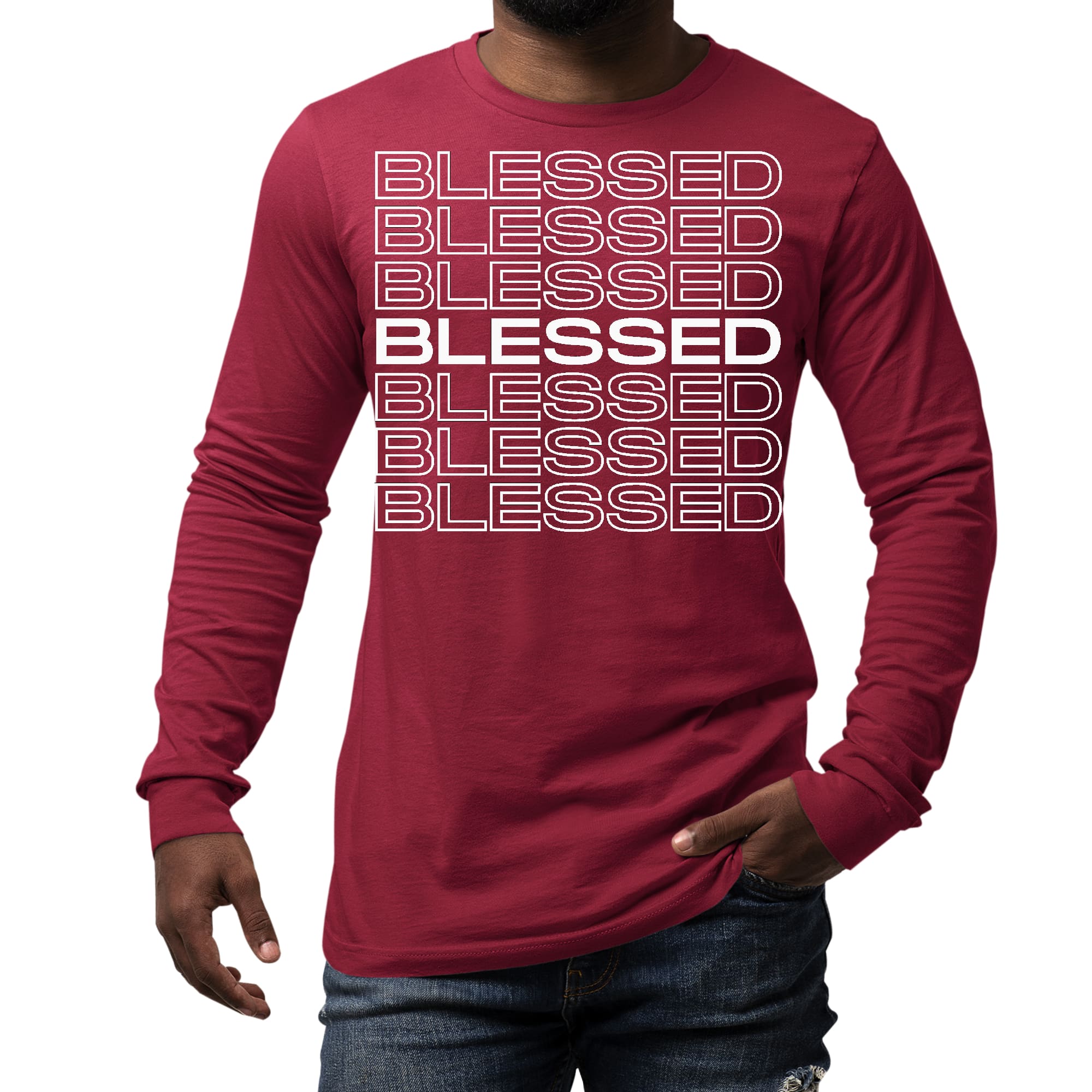 Men's Long Sleeve Graphic T-shirt featuring a Blessed Stacked Print, made from soft preshrunk cotton with a classic fit.