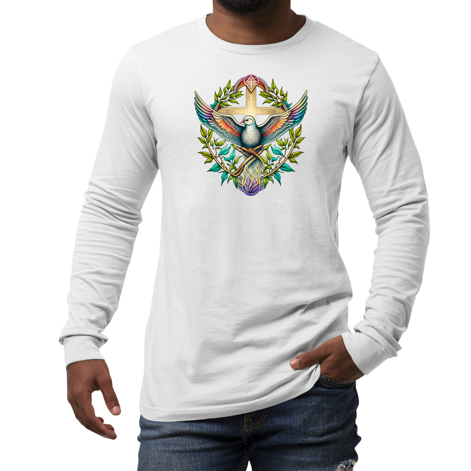 Mens Long Sleeve Graphic T-shirt in blue green multicolor with dove floral illustration, showcasing a stylish and comfortable design.