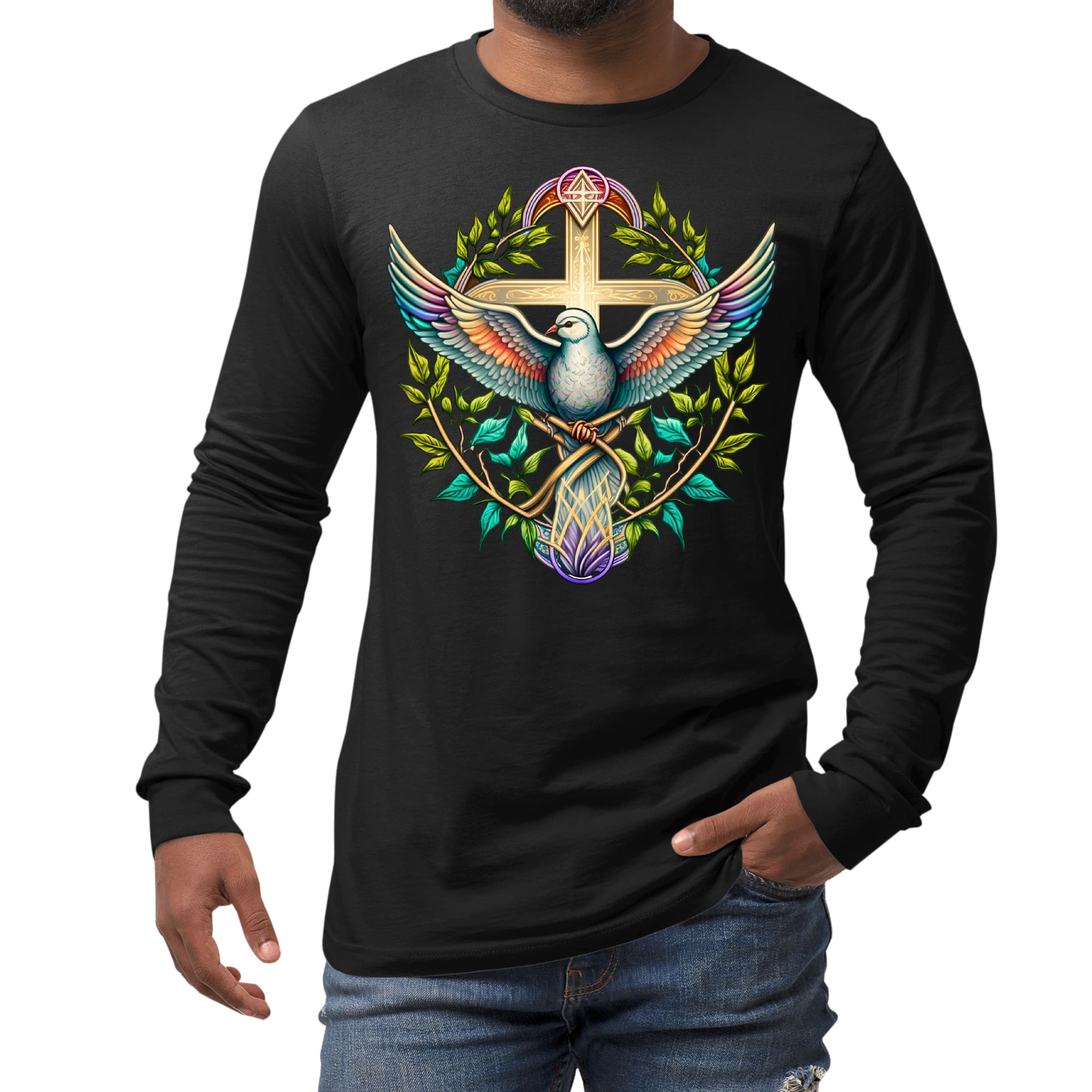 Mens Long Sleeve Graphic T-shirt in blue green multicolor with dove floral illustration, showcasing a stylish and comfortable design.