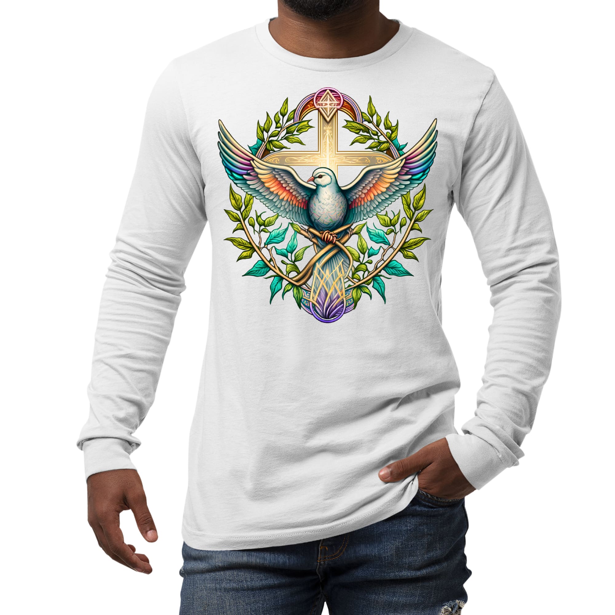 Mens Long Sleeve Graphic T-shirt in blue green multicolor with dove floral illustration, showcasing a stylish and comfortable design.