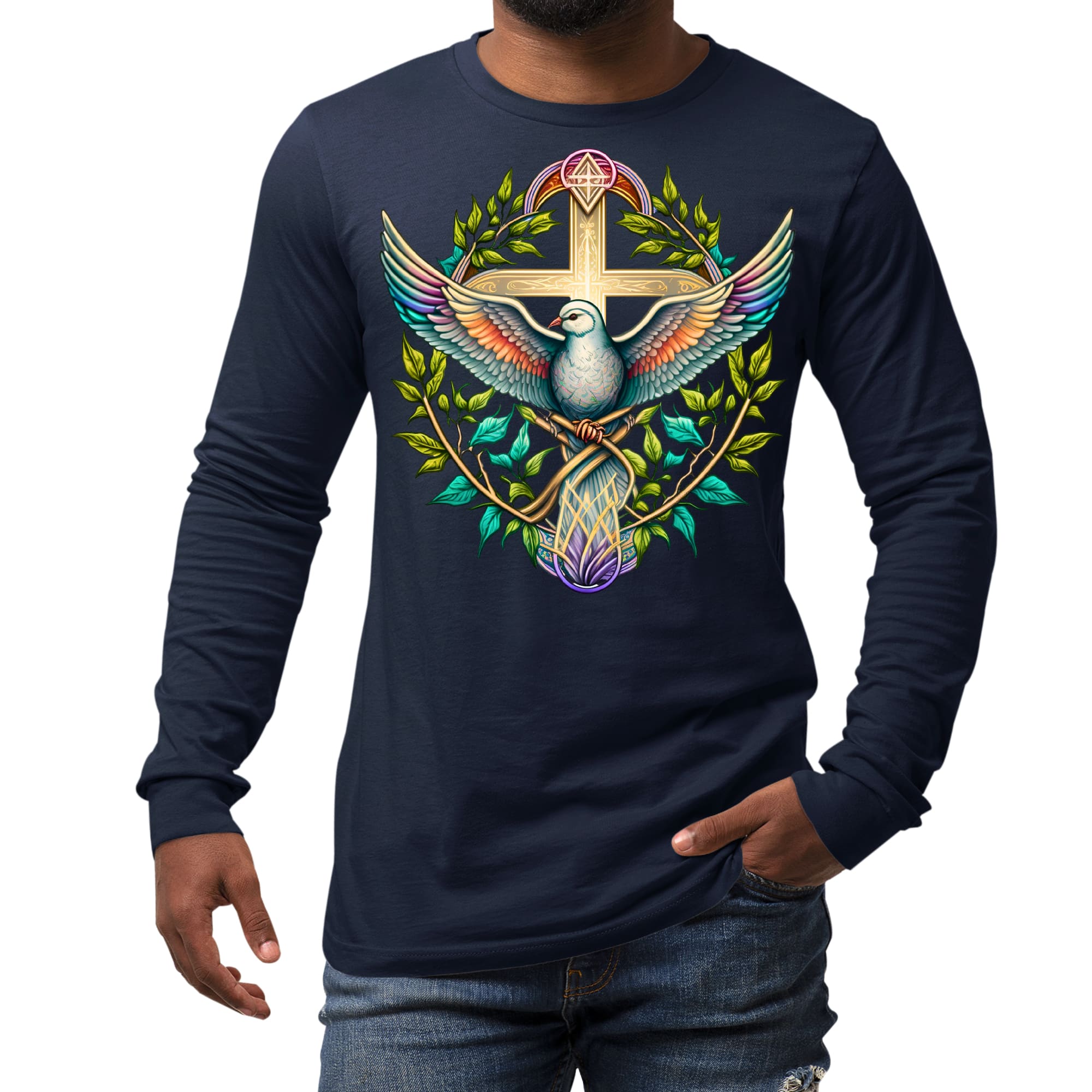 Mens Long Sleeve Graphic T-shirt in blue green multicolor with dove floral illustration, showcasing a stylish and comfortable design.