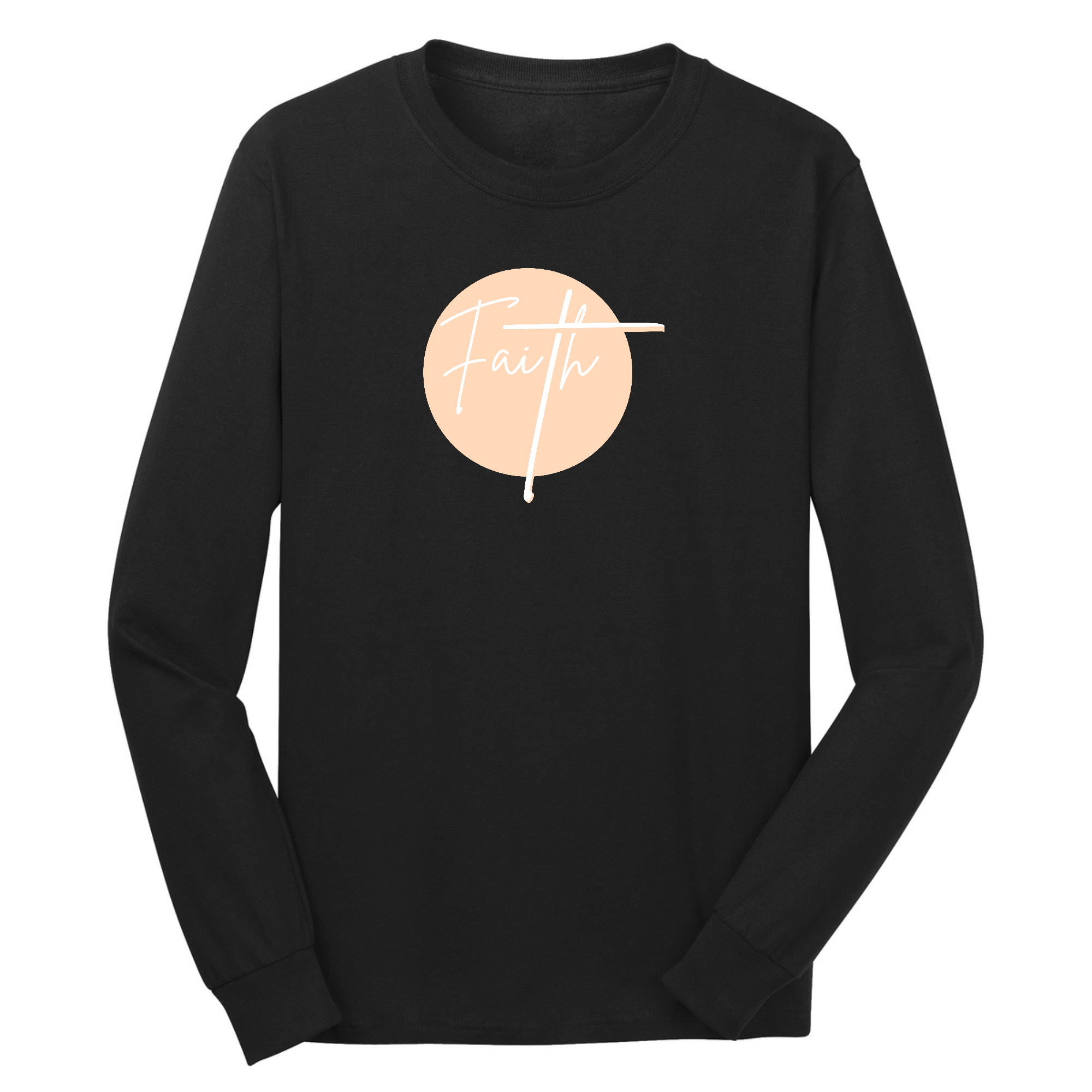 Men's Long Sleeve Graphic T-shirt in peach and white featuring a Christian affirmation design, made from soft preshrunk cotton.