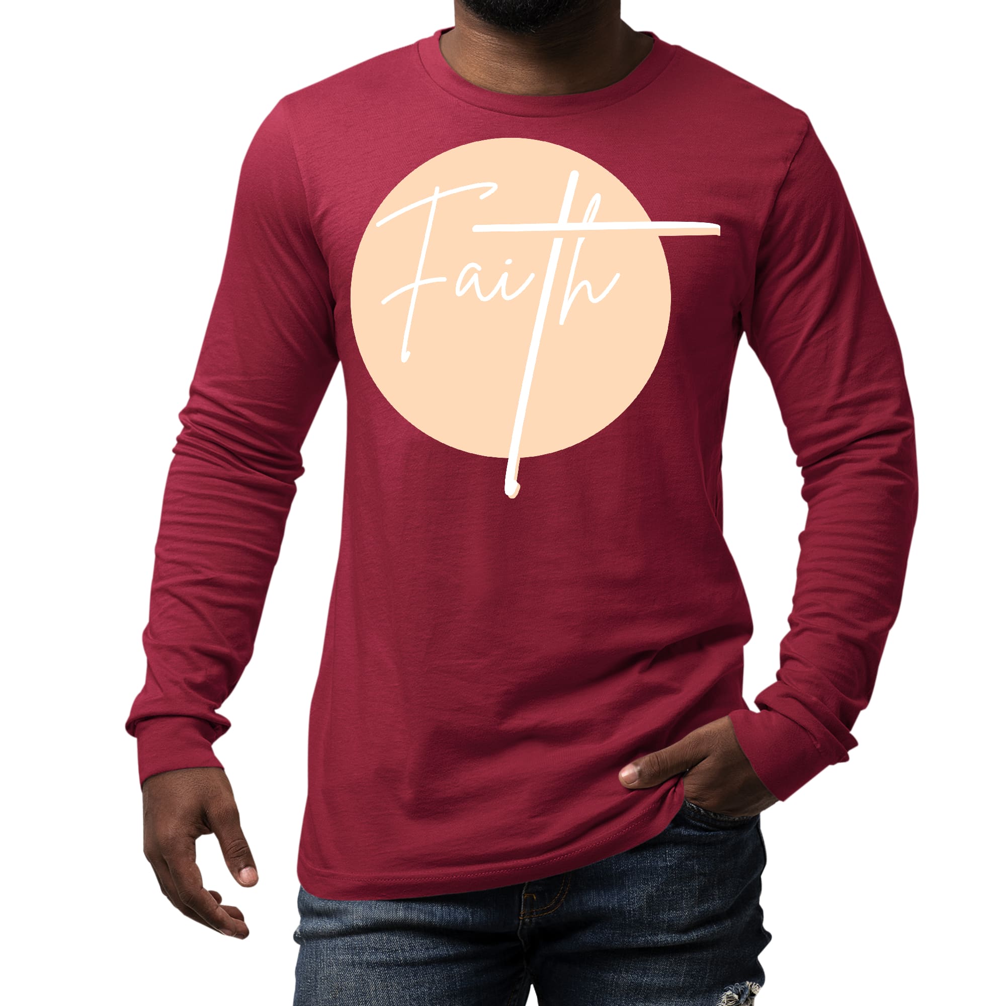 Men's Long Sleeve Graphic T-shirt in peach and white featuring a Christian affirmation design, made from soft preshrunk cotton.