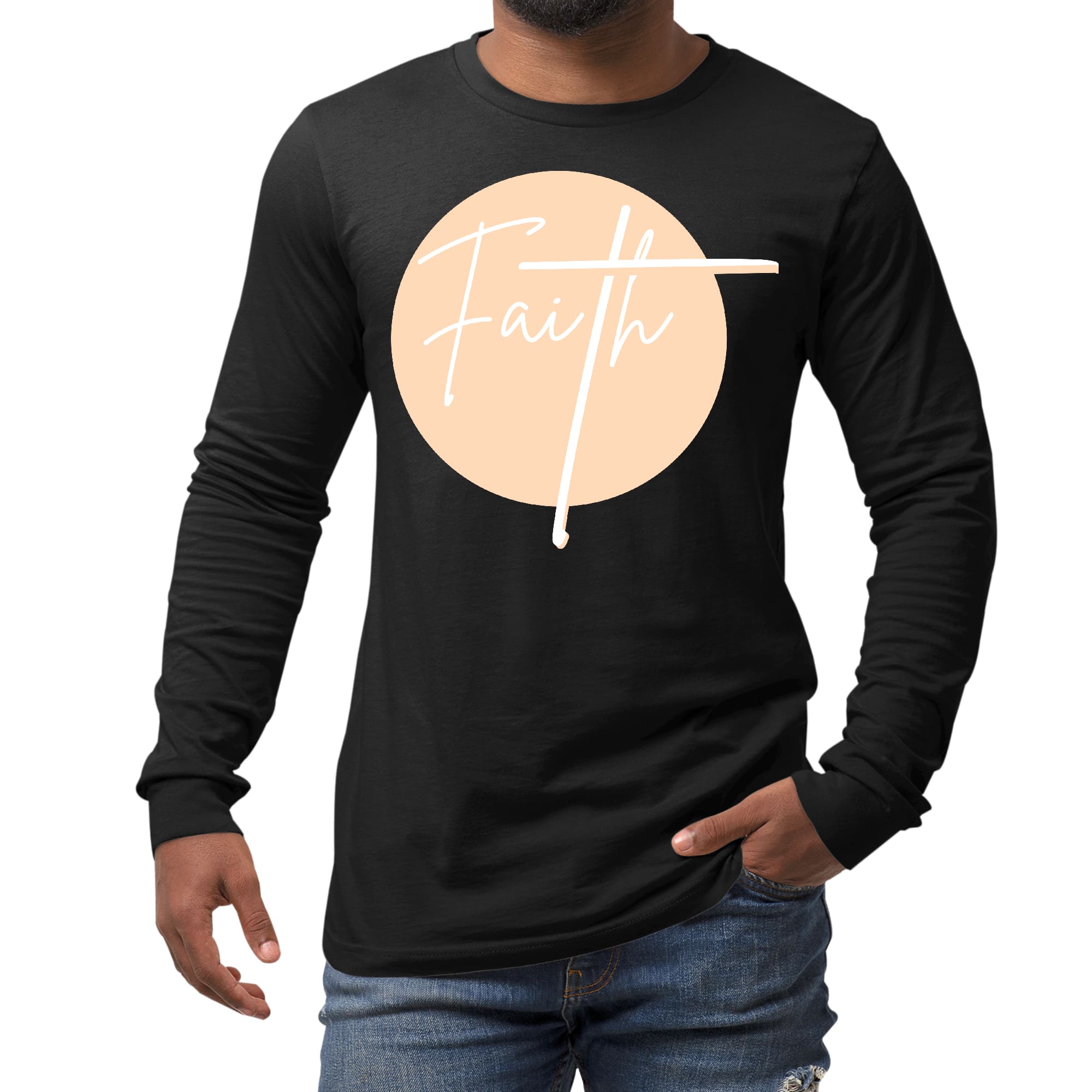 Men's Long Sleeve Graphic T-shirt in peach and white featuring a Christian affirmation design, made from soft preshrunk cotton.