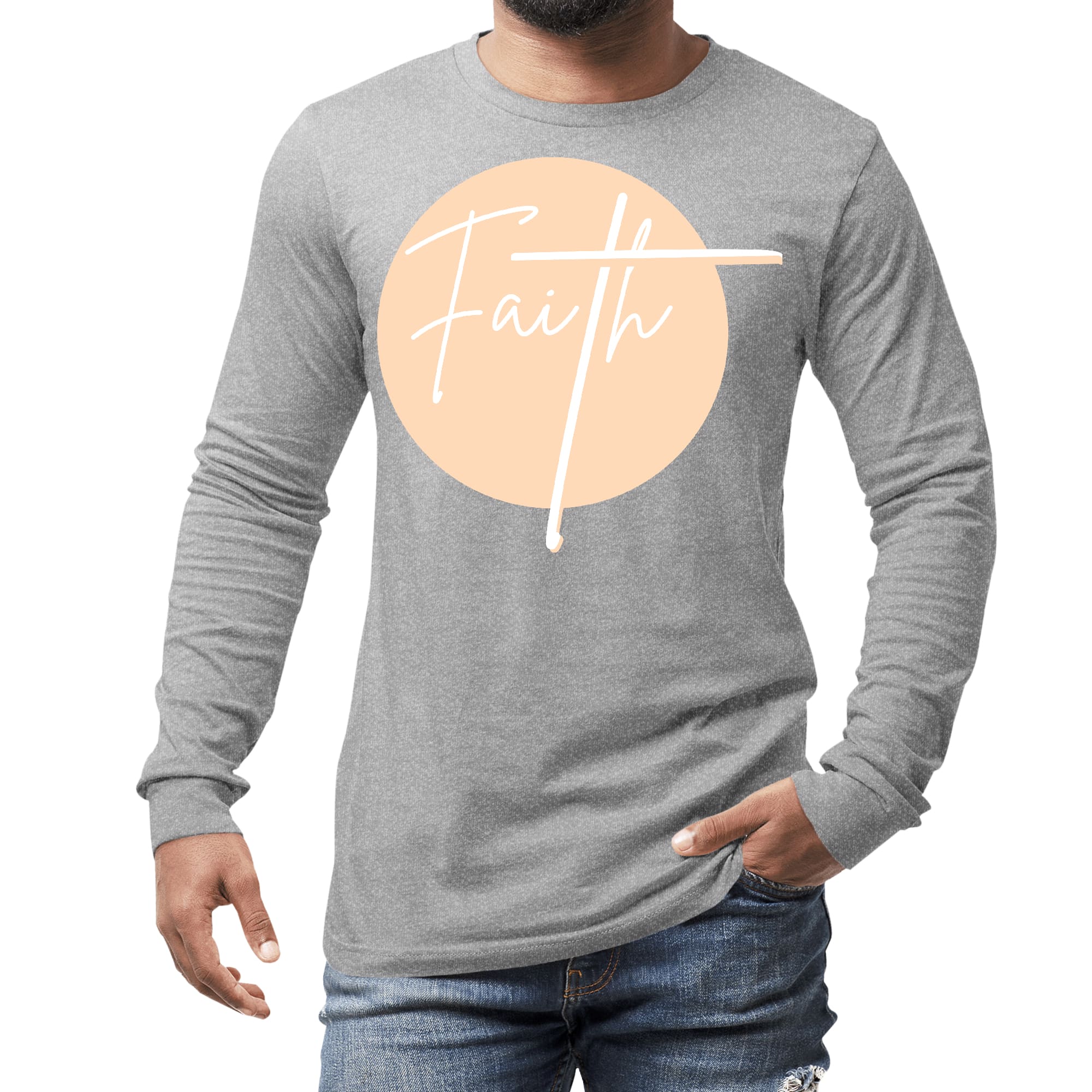 Men's Long Sleeve Graphic T-shirt in peach and white featuring a Christian affirmation design, made from soft preshrunk cotton.