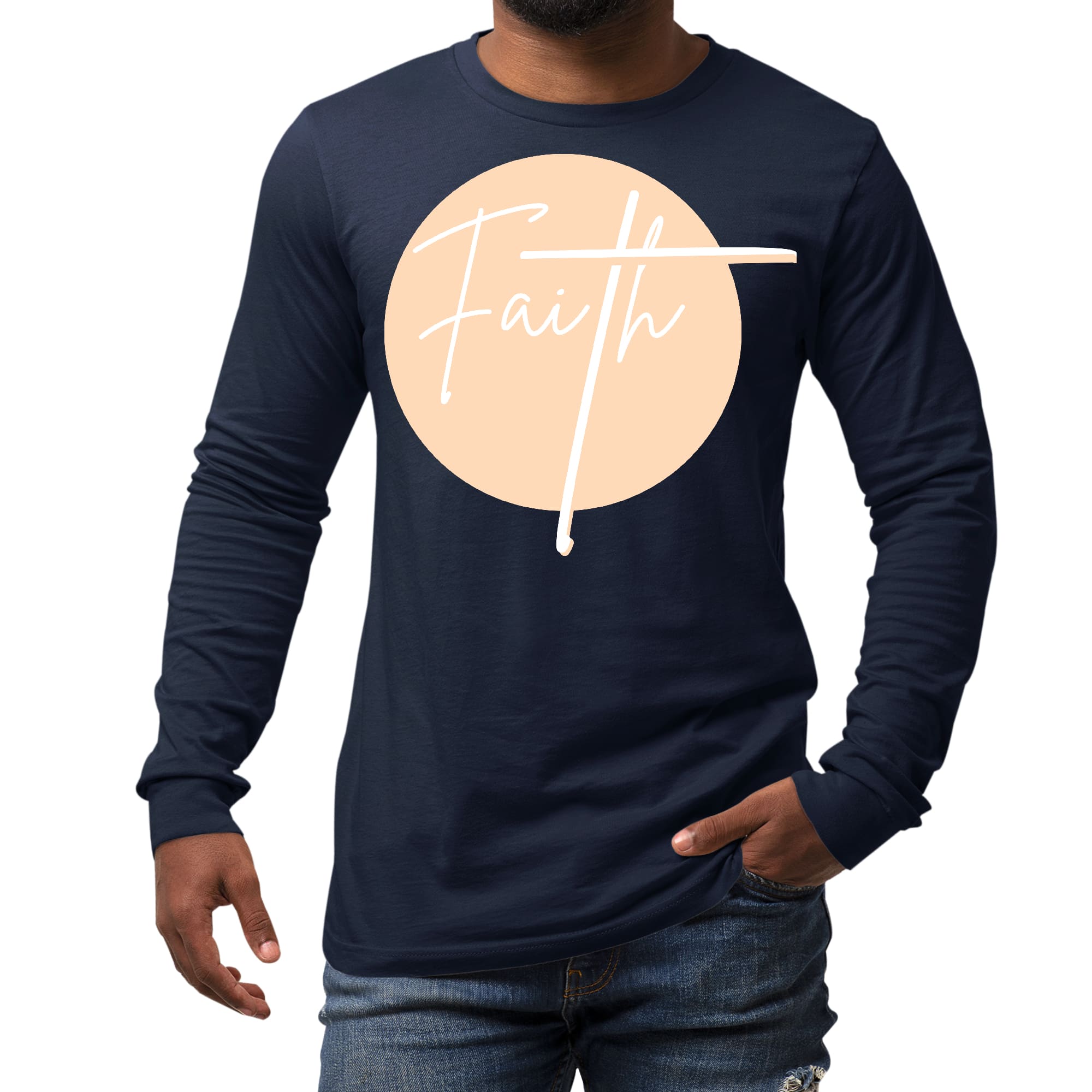 Men's Long Sleeve Graphic T-shirt in peach and white featuring a Christian affirmation design, made from soft preshrunk cotton.