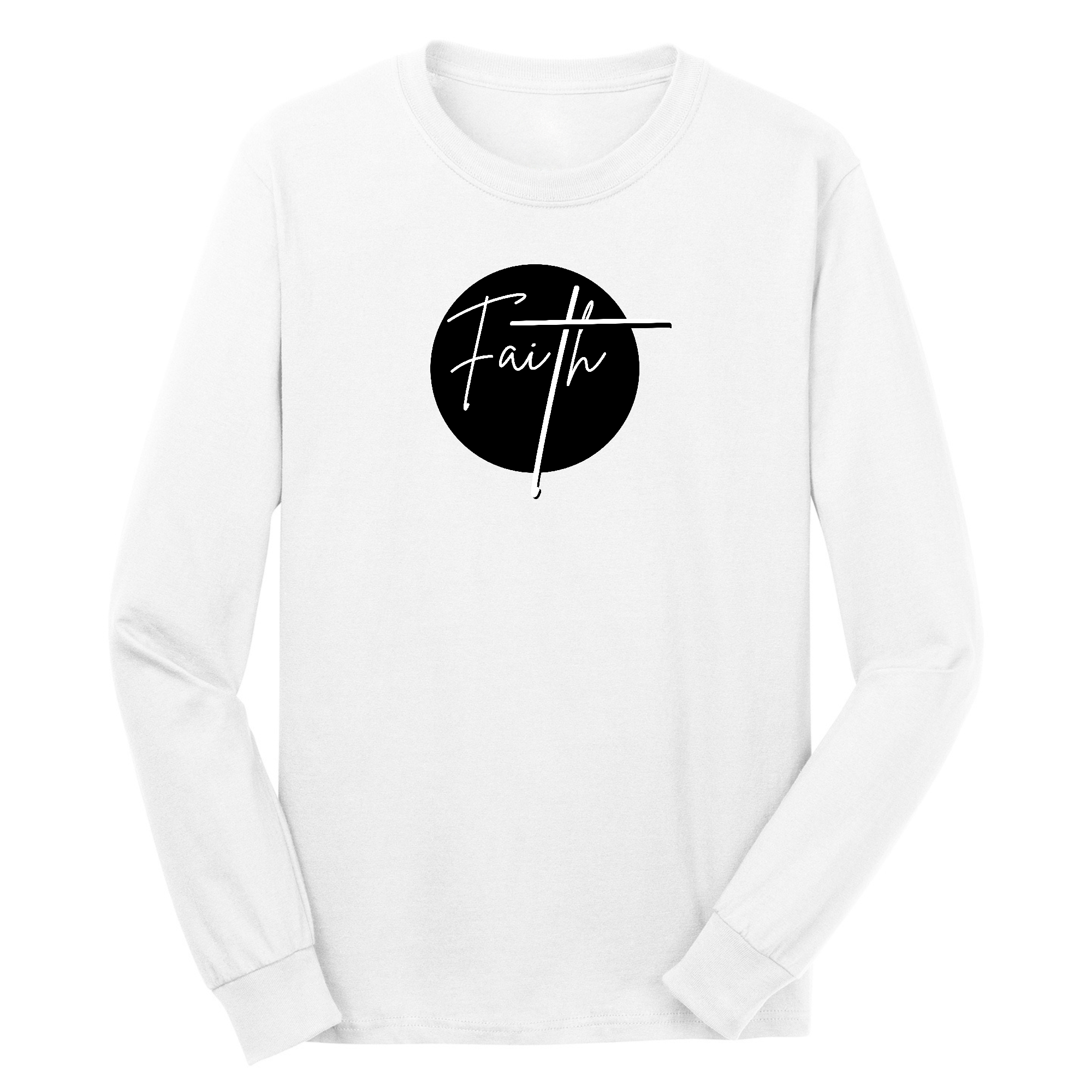 Men's Long Sleeve Graphic T-shirt in black and white with a Faith print, showcasing a comfortable crewneck design and soft preshrunk cotton fabric.
