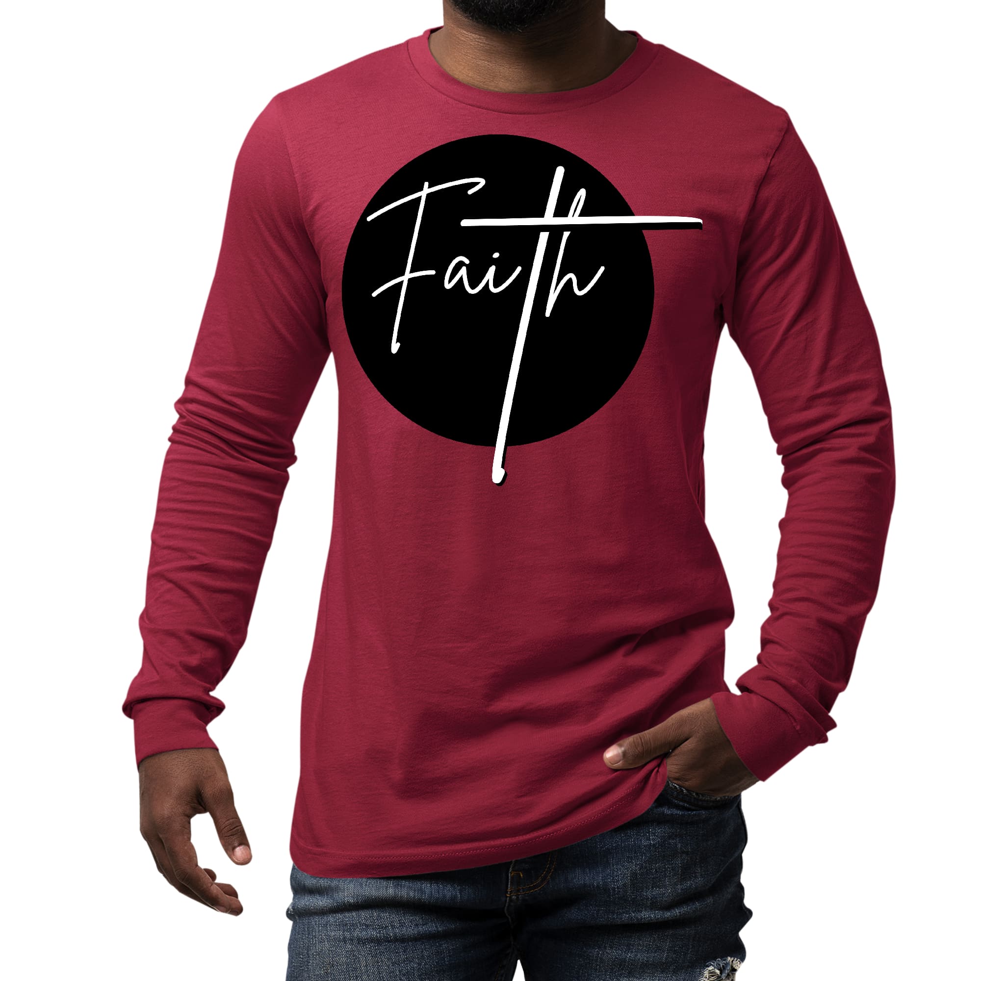 Men's Long Sleeve Graphic T-shirt in black and white with a Faith print, showcasing a comfortable crewneck design and soft preshrunk cotton fabric.