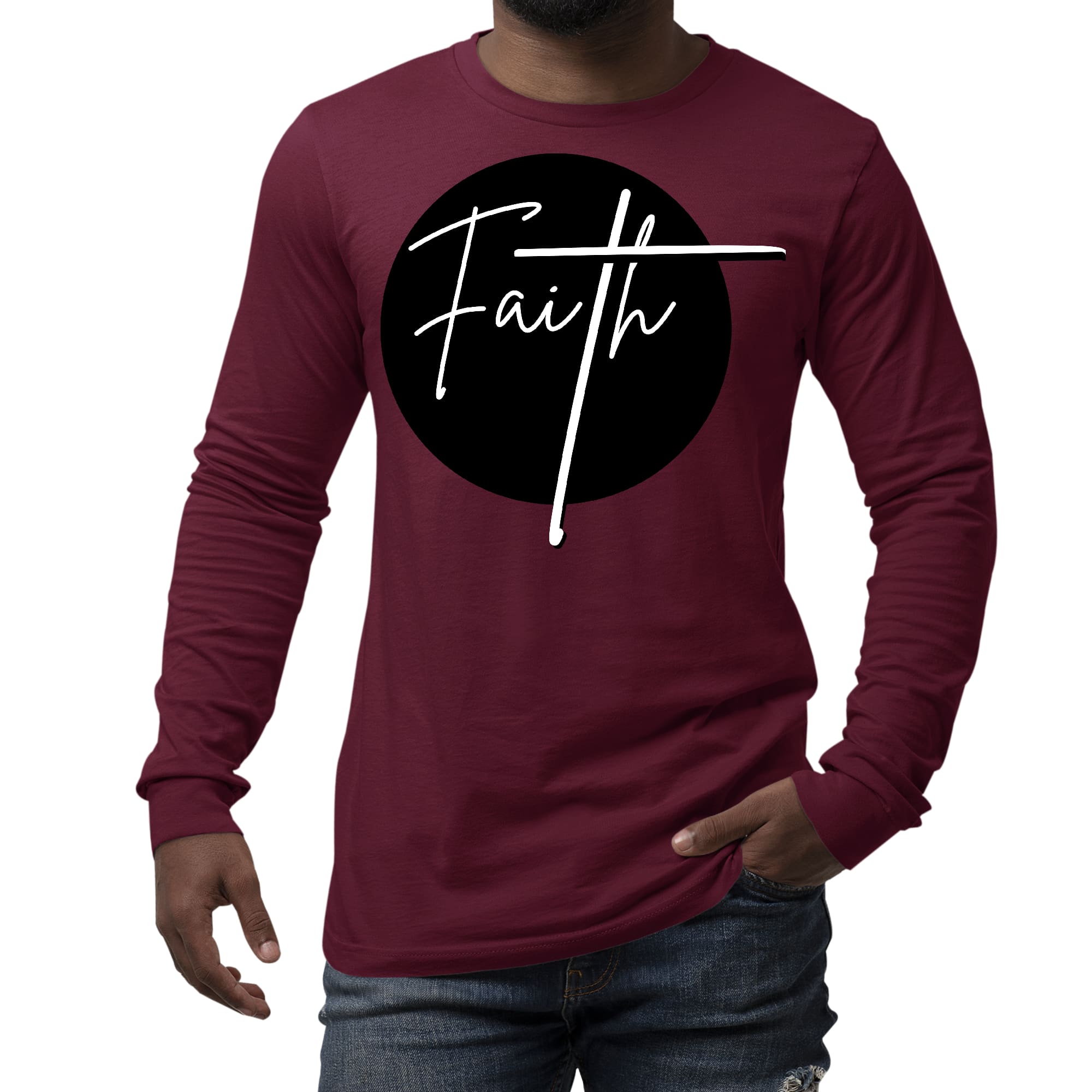 Men's Long Sleeve Graphic T-shirt in black and white with a Faith print, showcasing a comfortable crewneck design and soft preshrunk cotton fabric.