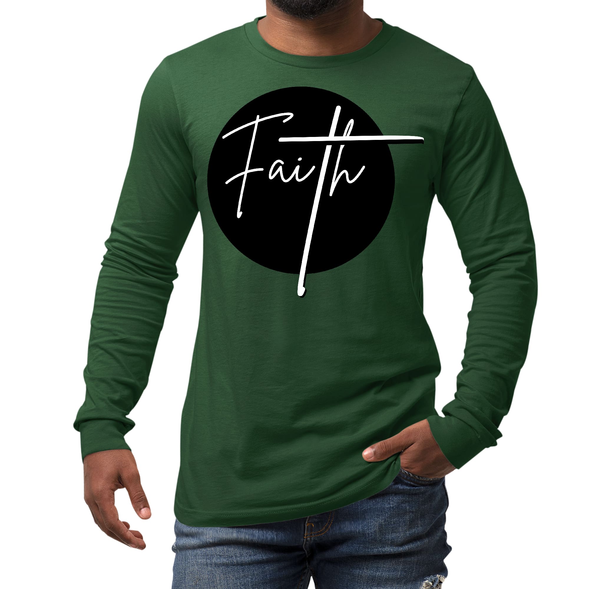 Men's Long Sleeve Graphic T-shirt in black and white with a Faith print, showcasing a comfortable crewneck design and soft preshrunk cotton fabric.