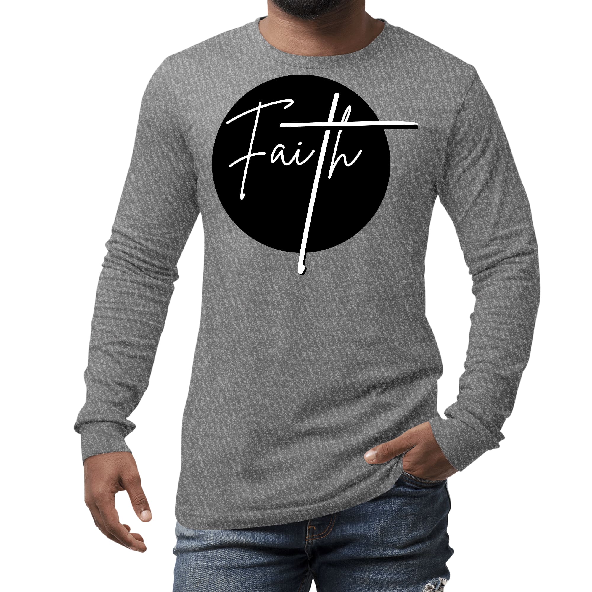 Men's Long Sleeve Graphic T-shirt in black and white with a Faith print, showcasing a comfortable crewneck design and soft preshrunk cotton fabric.