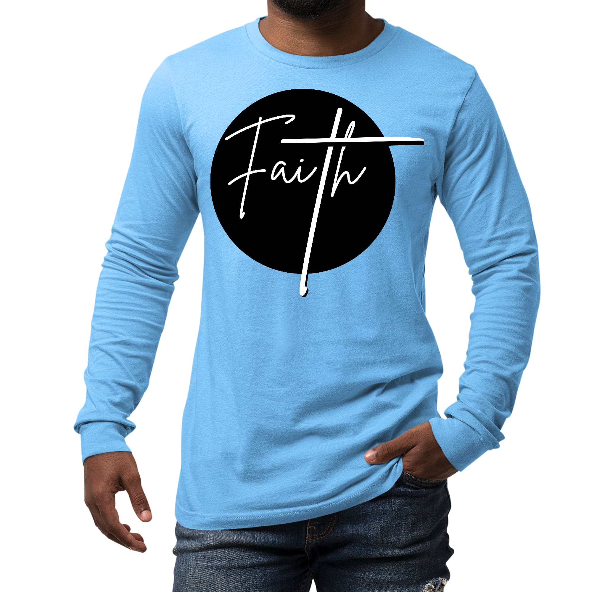 Men's Long Sleeve Graphic T-shirt in black and white with a Faith print, showcasing a comfortable crewneck design and soft preshrunk cotton fabric.