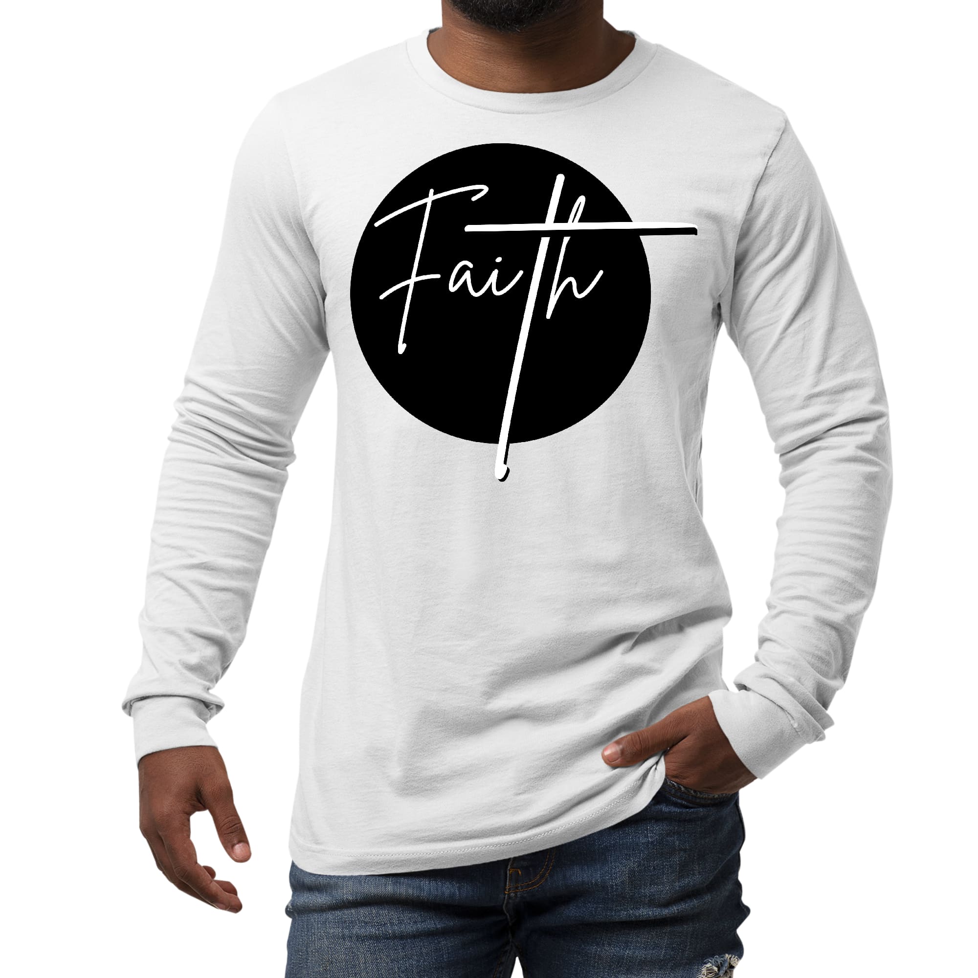 Men's Long Sleeve Graphic T-shirt in black and white with a Faith print, showcasing a comfortable crewneck design and soft preshrunk cotton fabric.