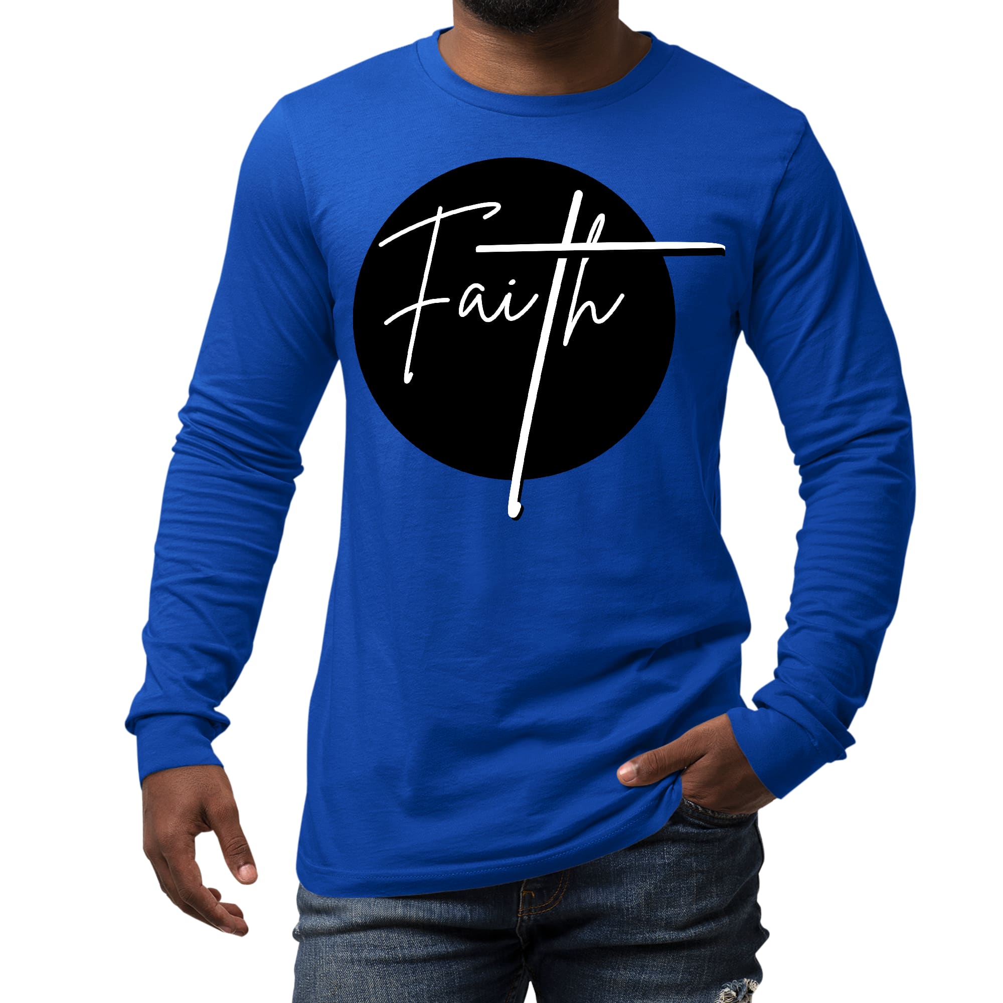 Men's Long Sleeve Graphic T-shirt in black and white with a Faith print, showcasing a comfortable crewneck design and soft preshrunk cotton fabric.