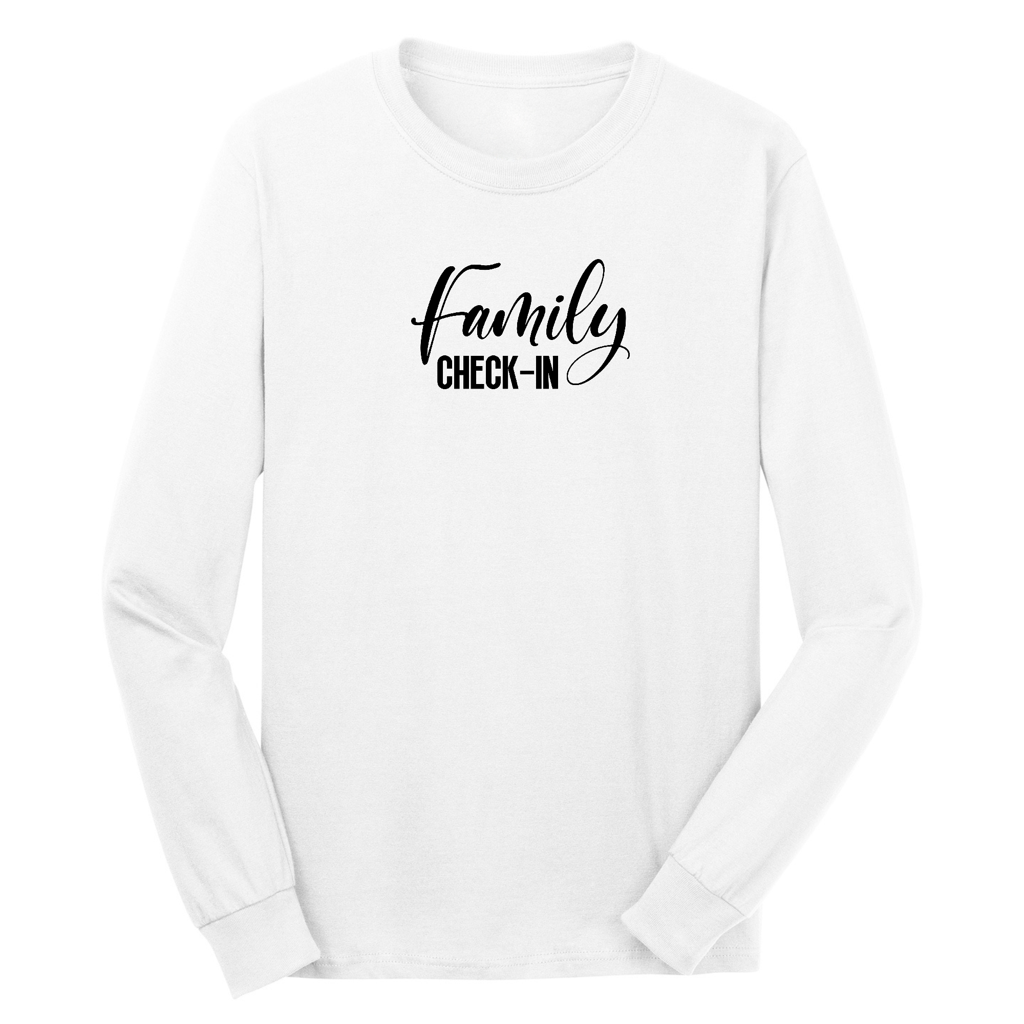 Men's long sleeve graphic t-shirt featuring a Family Check-in illustration, made from soft preshrunk cotton.